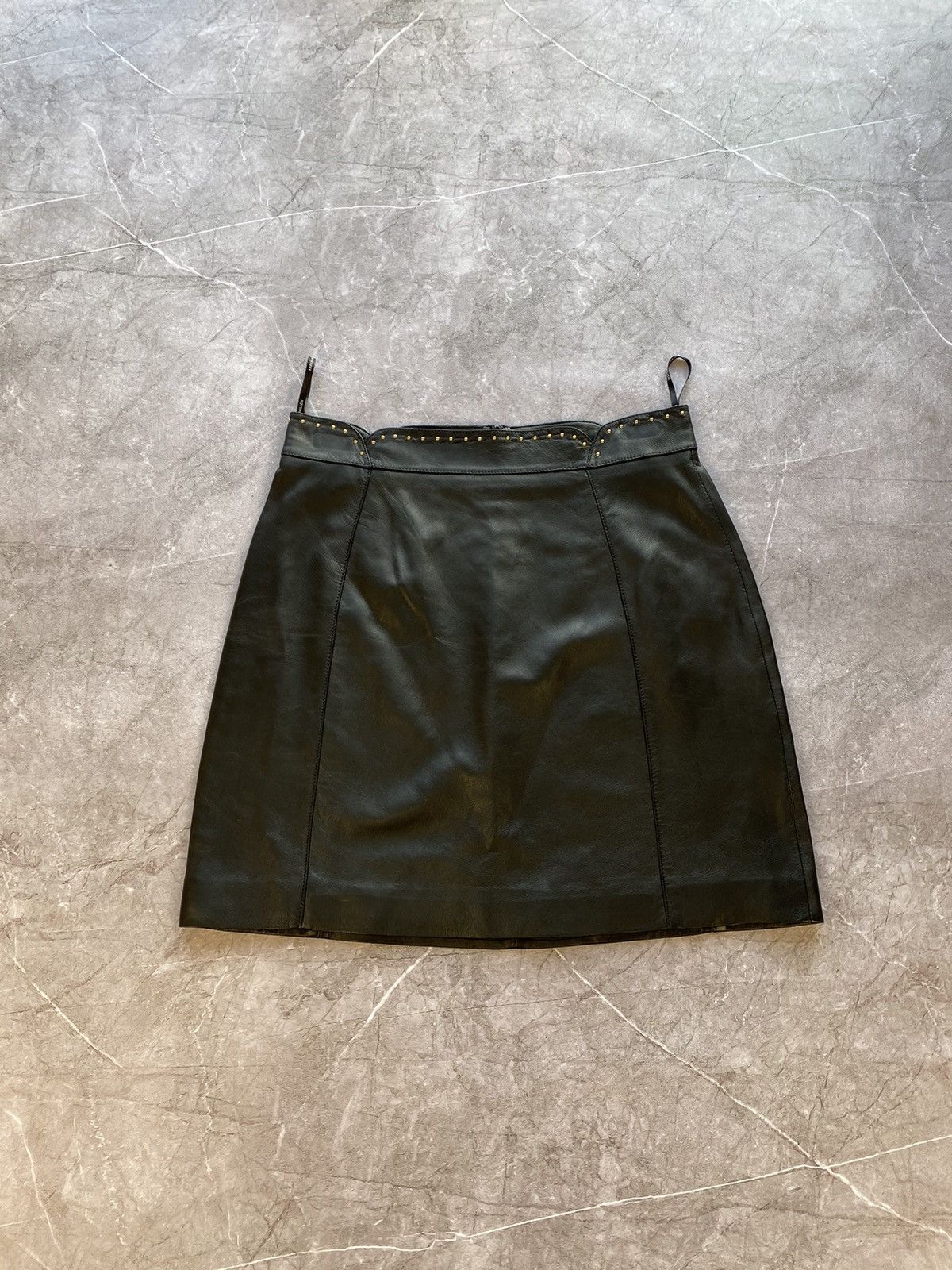 Karen Millen × Leather Karen Millen Fine Leather Stupped Waistband A-Line Skirt Size 32" / US 10 / IT 46 - 2 Thumbnail