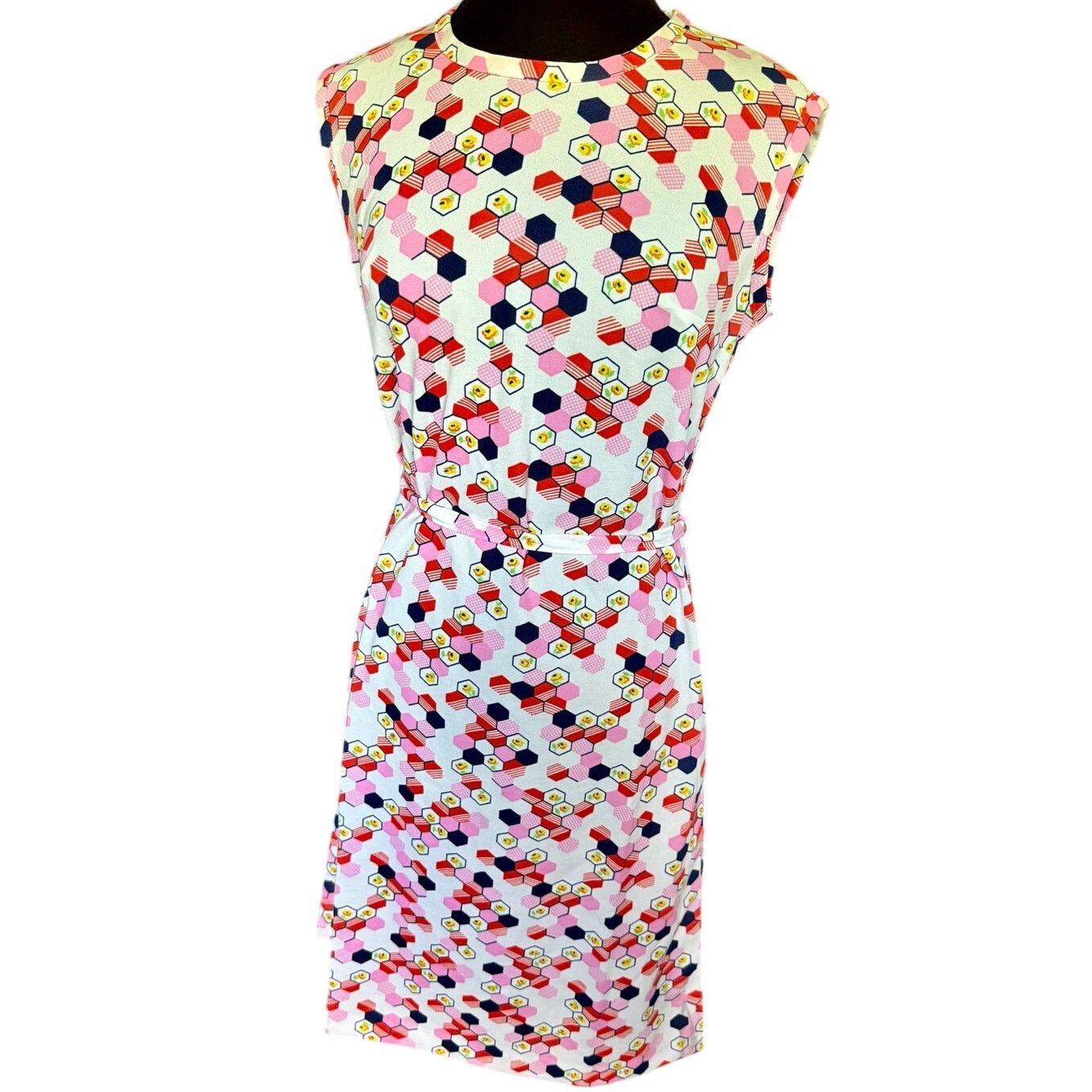 Vintage Vintage 70’s Diolen White Pink Geometric Belted Dress Large Size L / US 10 / IT 46 - 1 Thumbnail