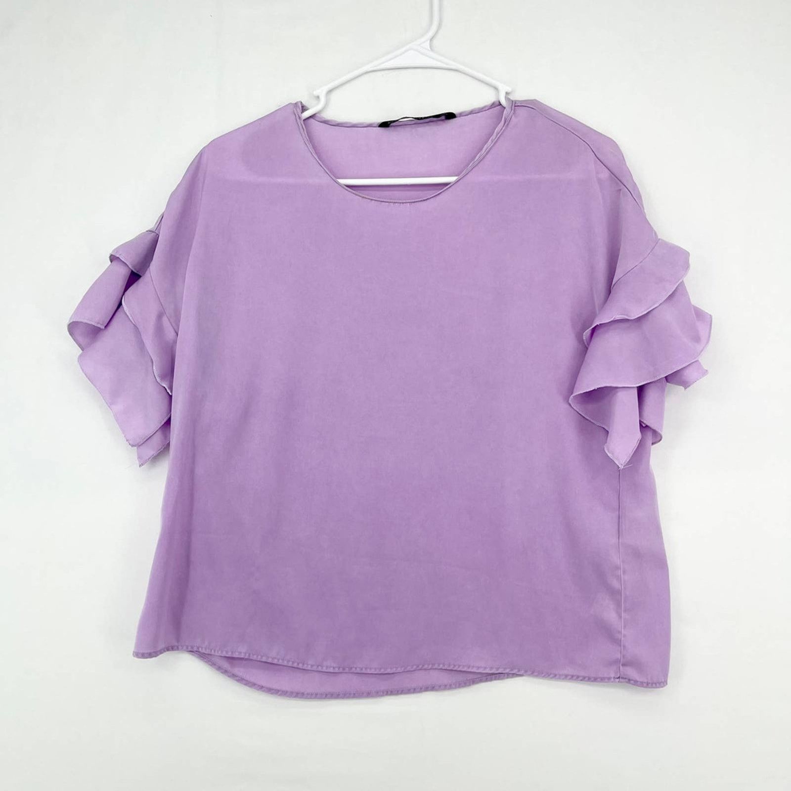 Zara Zara Purple Ruffle Sleeve Cropped Polyester Blouse Sz Small Size S / US 4 / IT 40 - 2 Thumbnail