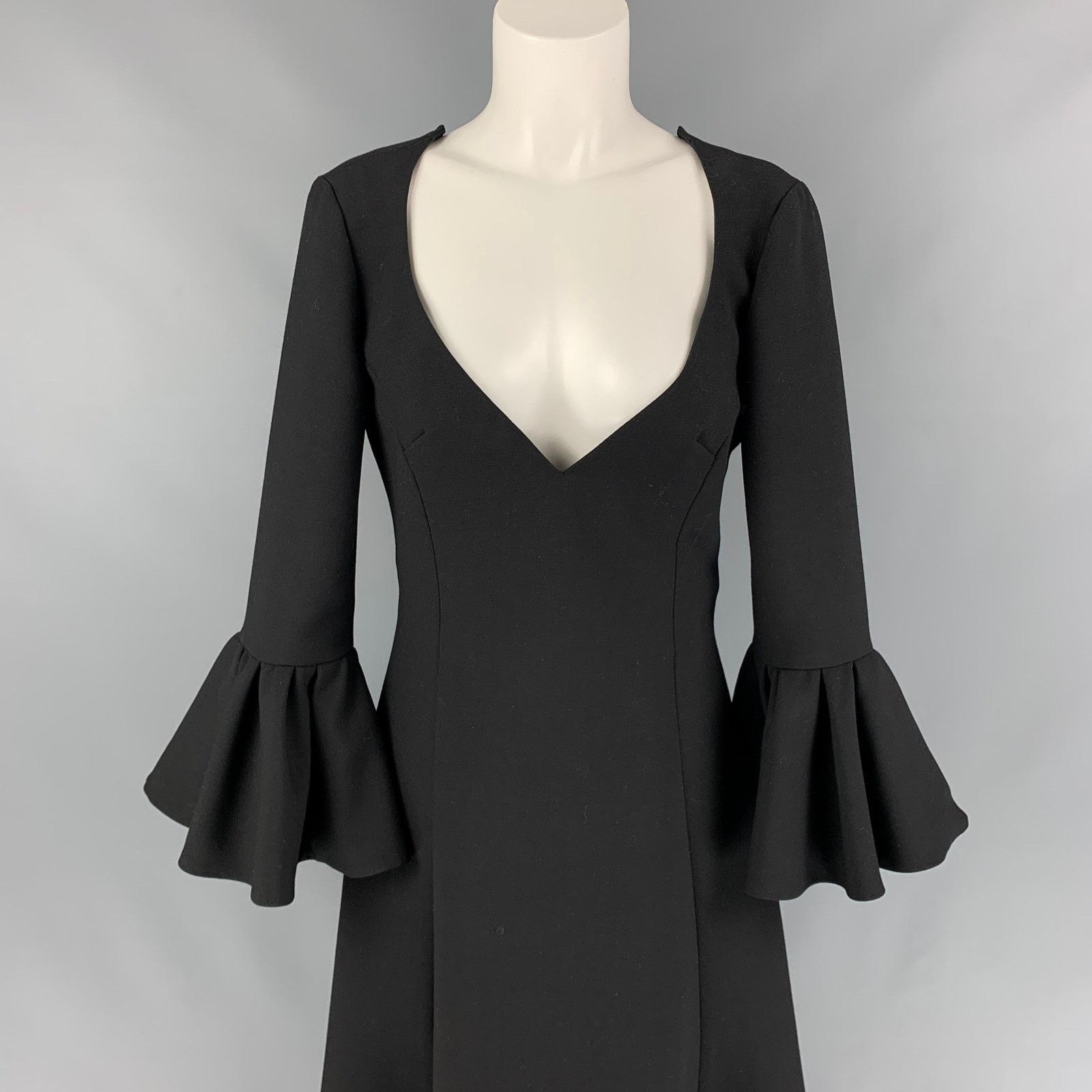 Marc Jacobs Fall 2019 Black Wool Blend Deep V-Neck Ruffle Sleeve Dress Size XS / US 0-2 / IT 36-38 - 3 Thumbnail