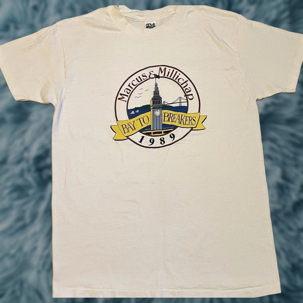 Vintage VINTAGE Bay To Breakers Shirt 80s Grunge White L Mens Golden Gate Bridge California Striped Single Stitch T-Shirt Size US L / EU 52-54 / 3 - 1 Thumbnail