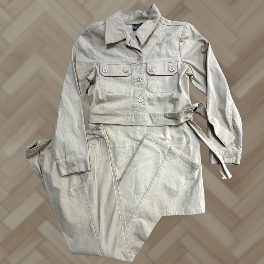 Vintage Bisou Bisou Set Womens 6 Beige Jacket Pants 2 Piece Safari Stretch Size 28" / US 6 / IT 42 - 1 Thumbnail