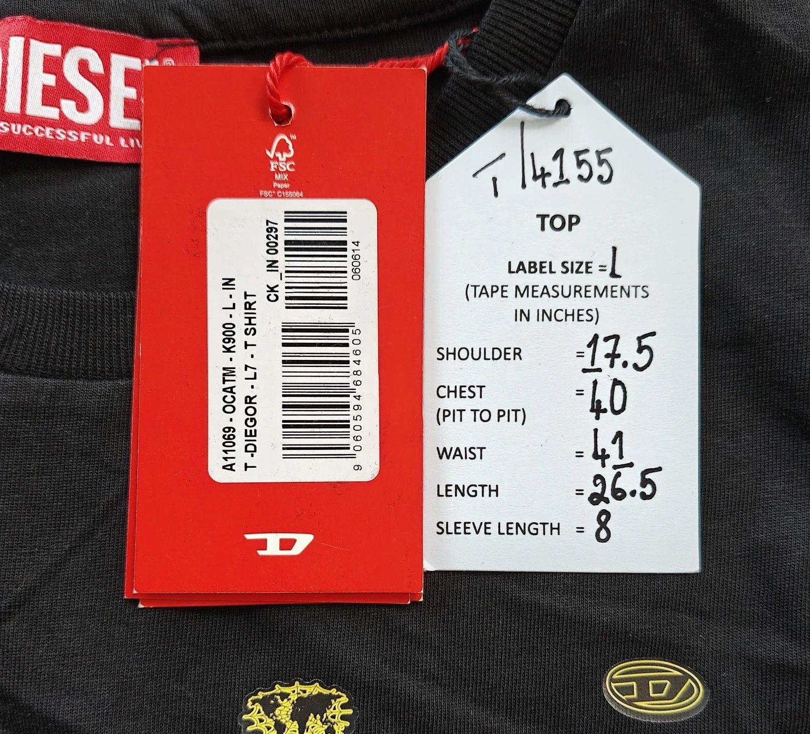 Diesel DIESEL Black T-shirt with DSL 78 Denim print T 4155 Size US L / EU 52-54 / 3 - 5 Thumbnail