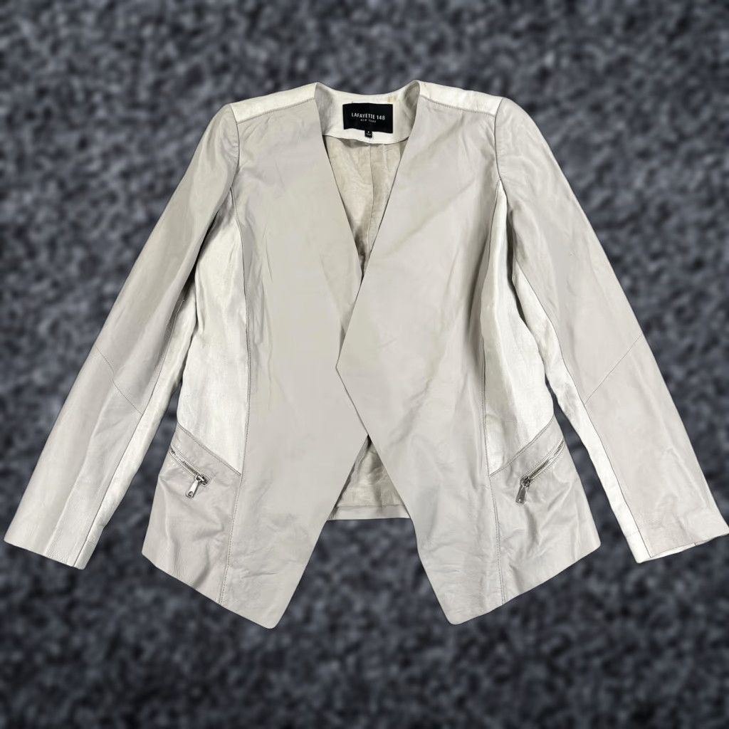 Vintage Lafayette 148 New York Leather Jacket Womens 4 Beige Collarless Zip Linen Shirt Size S / US 4 / IT 40 - 1 Thumbnail