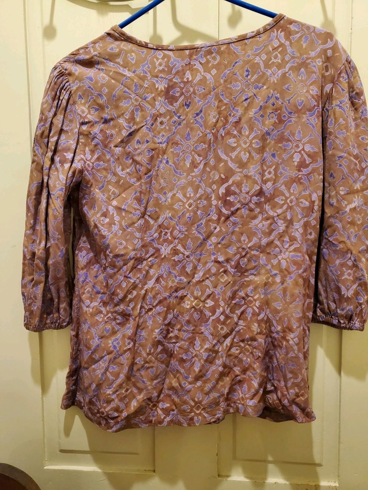Designer Go Fish Size M Brown Purple Boho Hippie Peasant Batik Blouse Size M / US 6-8 / IT 42-44 - 5 Thumbnail