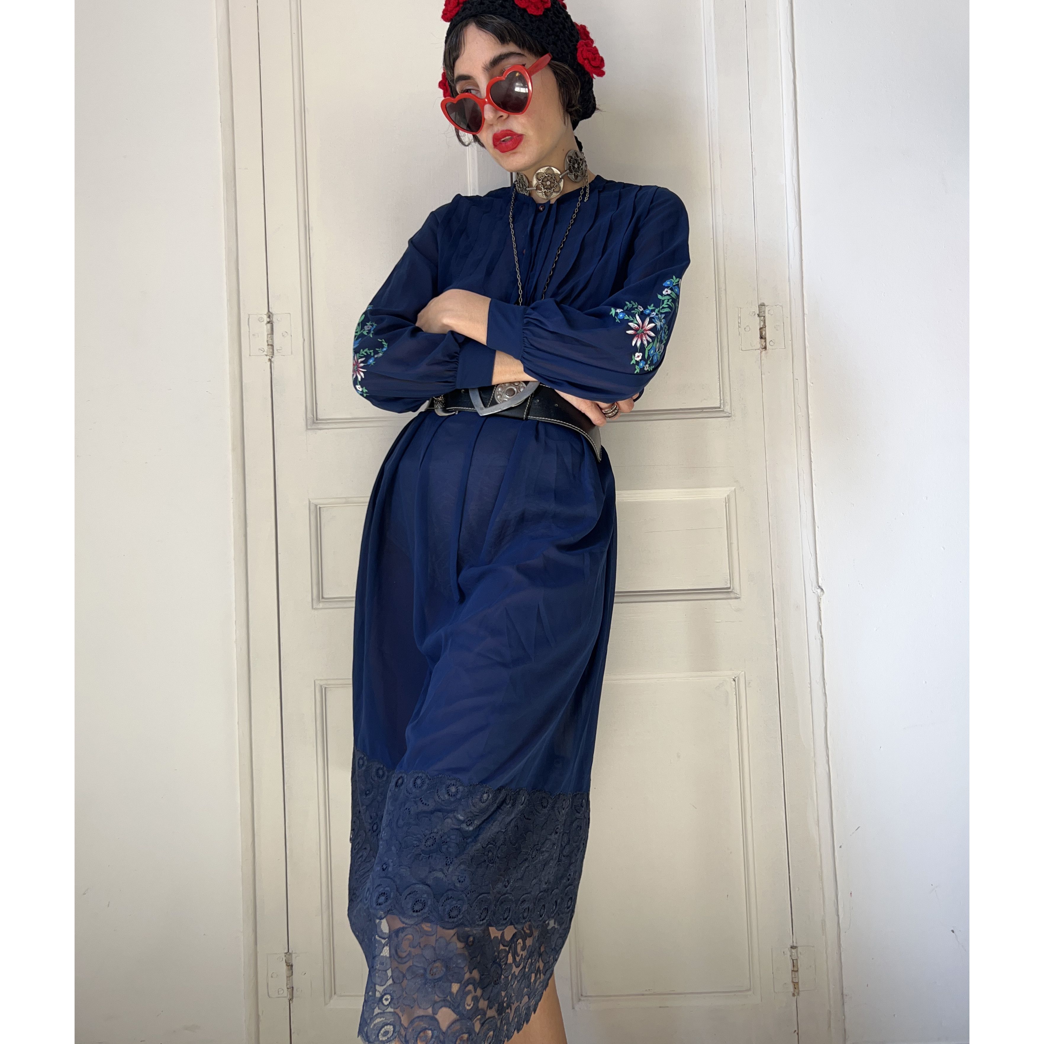 Vintage Vintage 70s Navy Blue Sheer Lace Dress Size M / US 6-8 / IT 42-44 - 3 Thumbnail