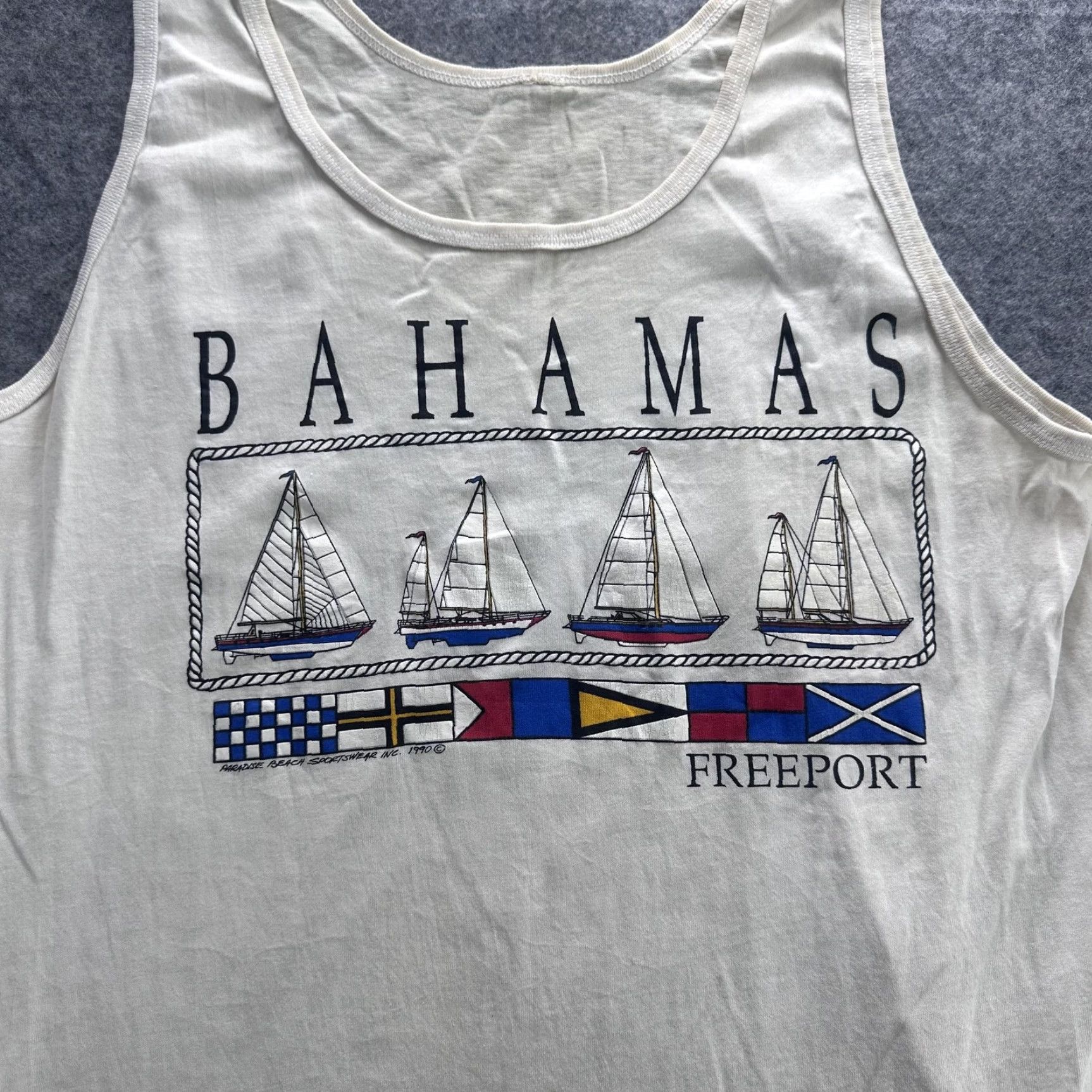Other VINTAGE Bahamas Freeport Tank Shirt Mens Medium White Sailboat Graphic Nautical Flags Beach Souvenir 90s Mens Size US M / EU 48-50 / 2 - 2 Thumbnail