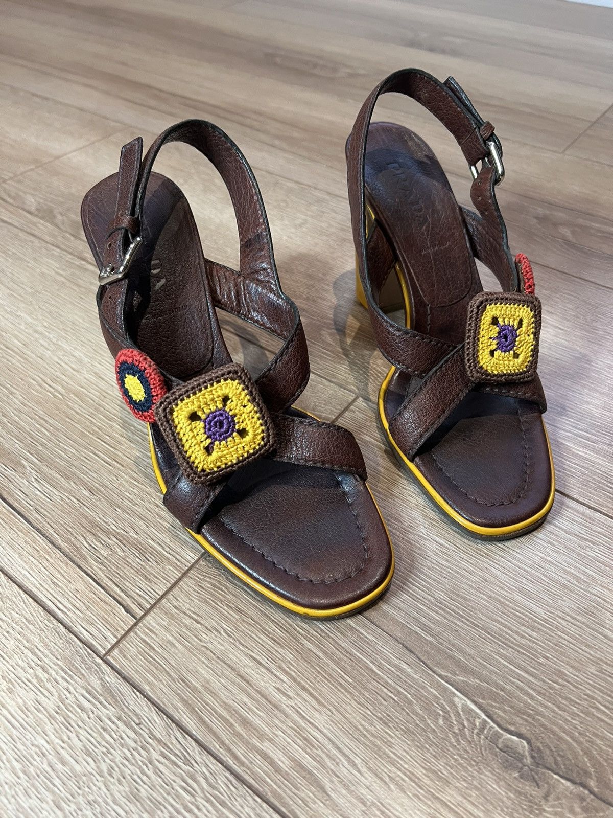 Prada Prada Brown Leather Embellished Cross-Strap Slingback Heels Size US 8 / IT 38 - 3 Thumbnail