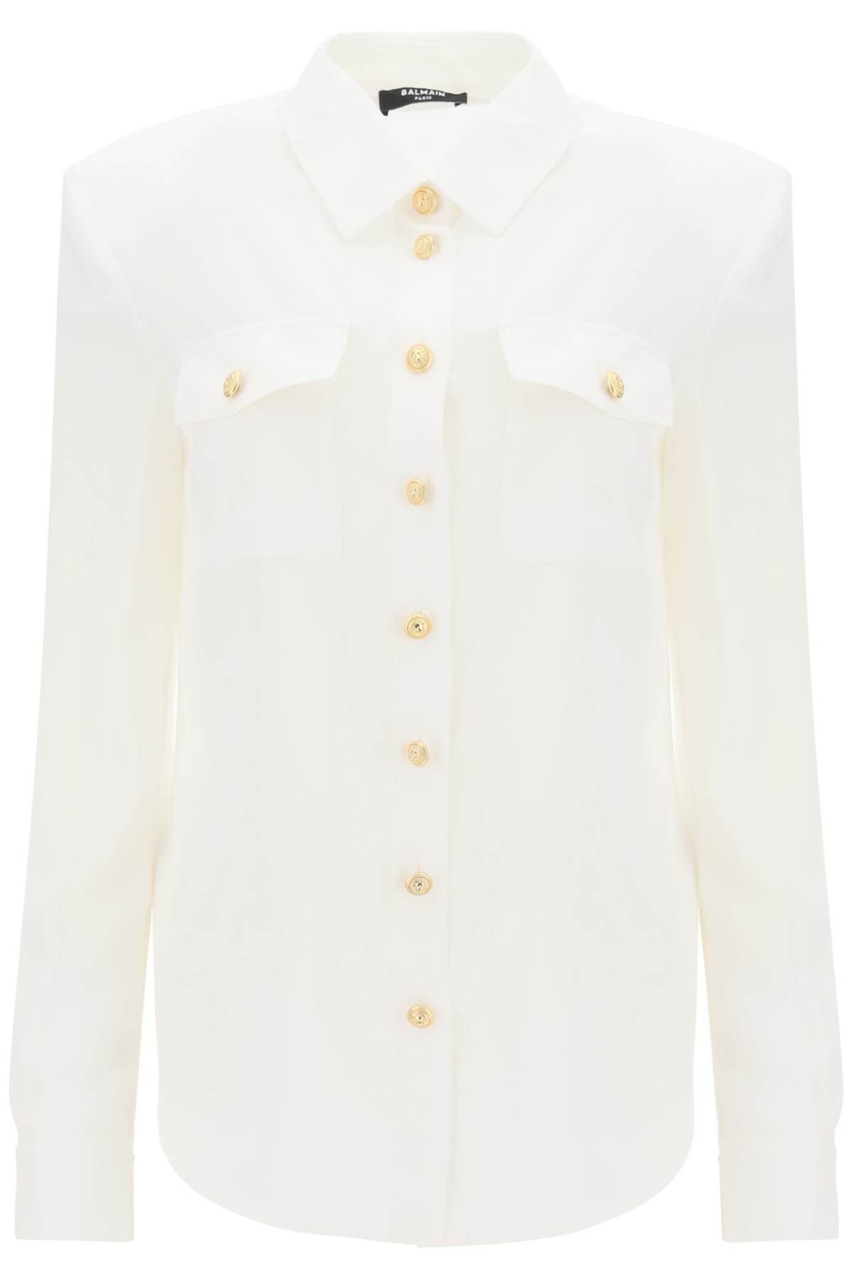 image of Balmain Silk Shirt With Padded Shoulders in Blanc, Women's (Size Medium)