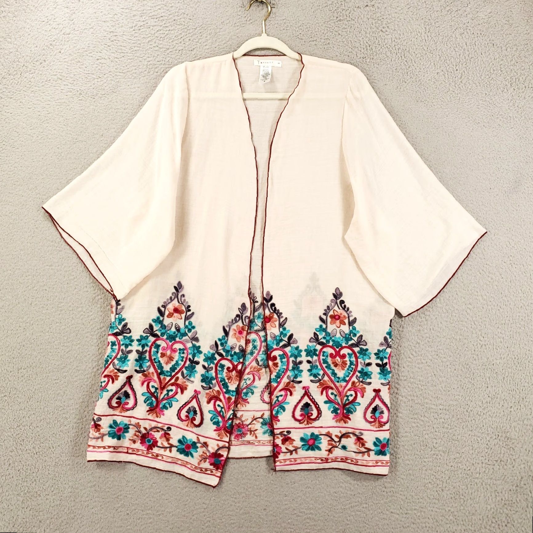 Vintage T Party Bohemian Cardigan Womens Medium Ivory Floral Embroidered Lightweight Casual Size M / US 6-8 / IT 42-44 - 2 Thumbnail
