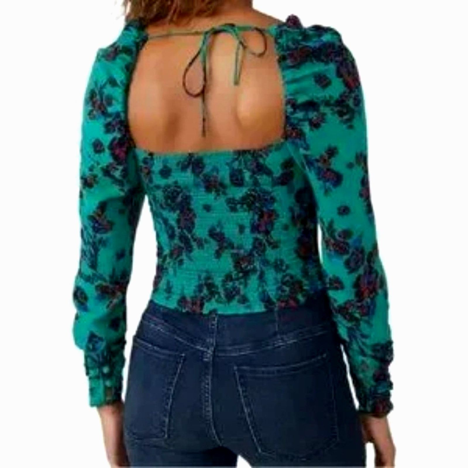 Free People Free People Hilary Floral Printed Low Square Back Top Teal M Size M / US 6-8 / IT 42-44 - 6 Thumbnail