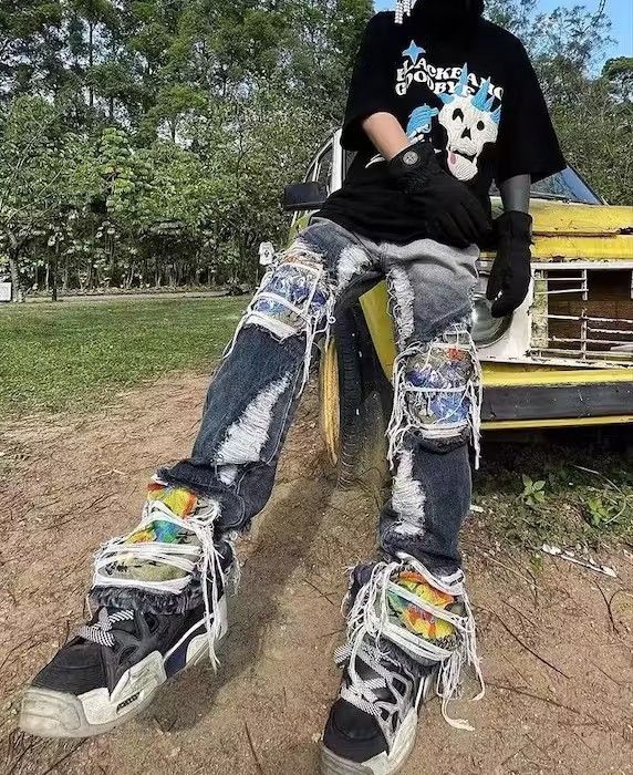 Japanese Brand Destruction Brushed Washed Loose Straight Leg Ripped Jeans Size US 31 - 1 Thumbnail