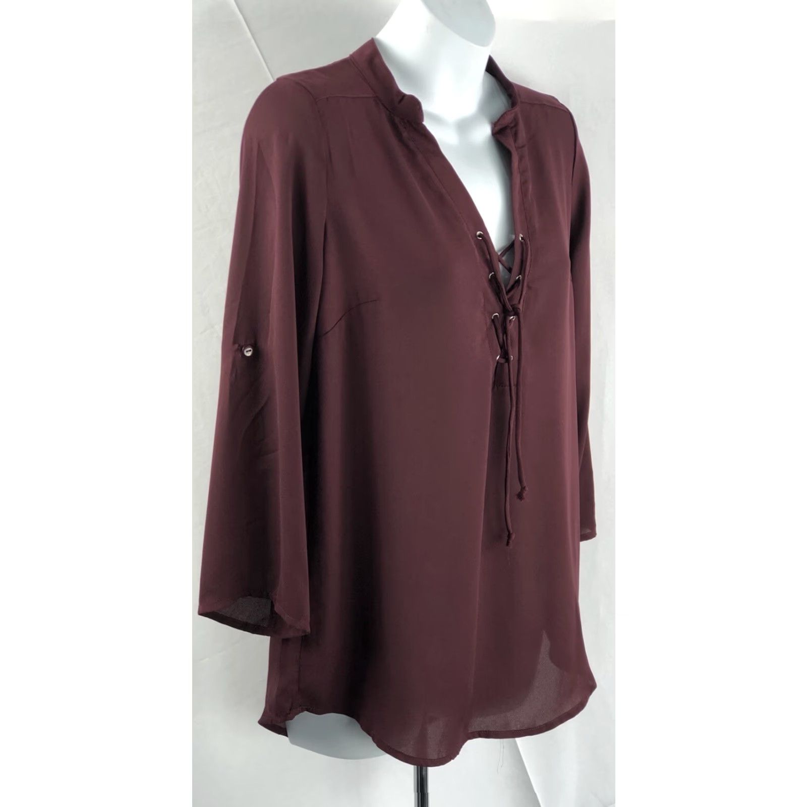 Vintage NWT American dream Blouse Shirt Burgundy V-Neck Lace Up 3/4 Roll Tab Sleeve Chiffon Boho Size S / US 4 / IT 40 - 2 Thumbnail