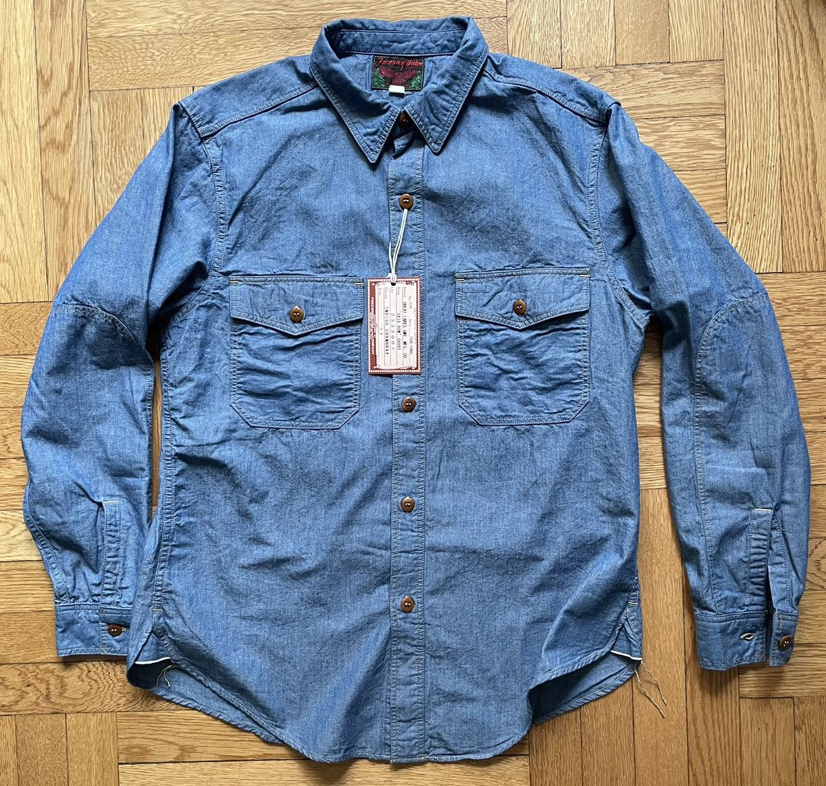 Image of Freewheelers “Skid Row” Indigo Chambray Work Shirt Size 17 in Blue, Men's