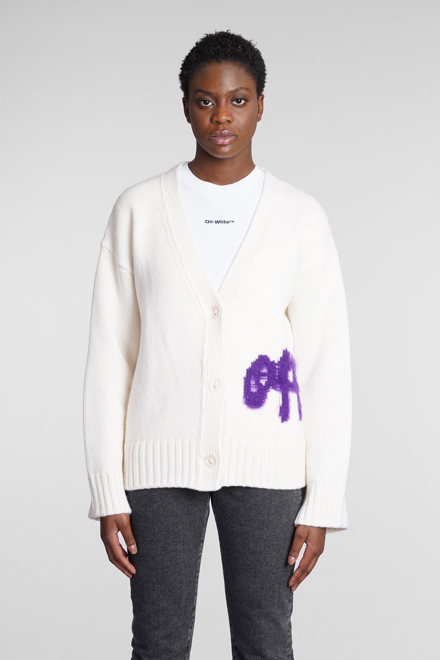 Off-White o1gr1nt1124 Logo Intarsia Cardigan in White Size XS / US 0-2 / IT 36-38 - 1 Thumbnail