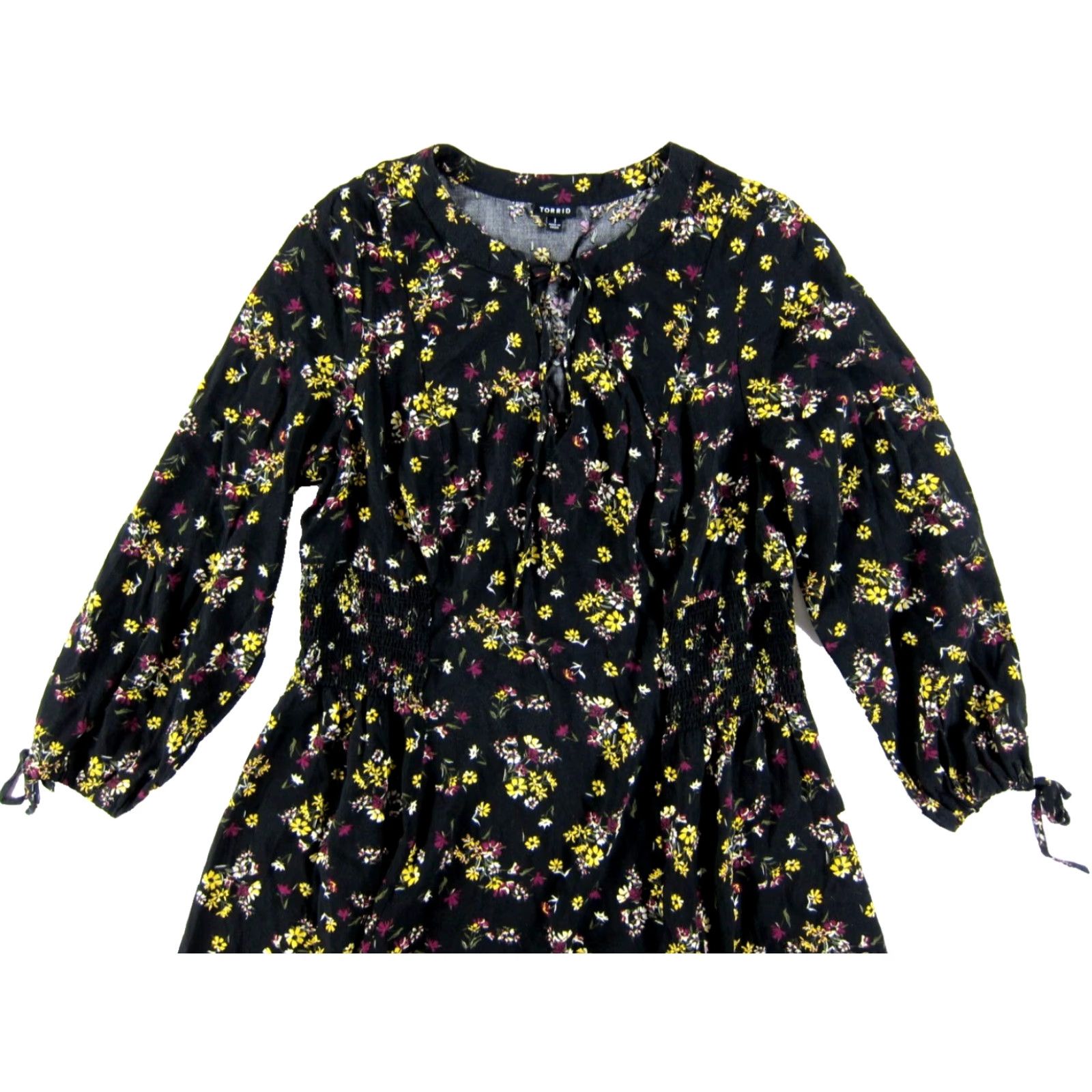 Torrid TORRID 100% Rayon Black Purple Yellow Floral Long Sleeve Tunic Smock Dress 1X Size XL / US 12-14 / IT 48-50 - 5 Thumbnail