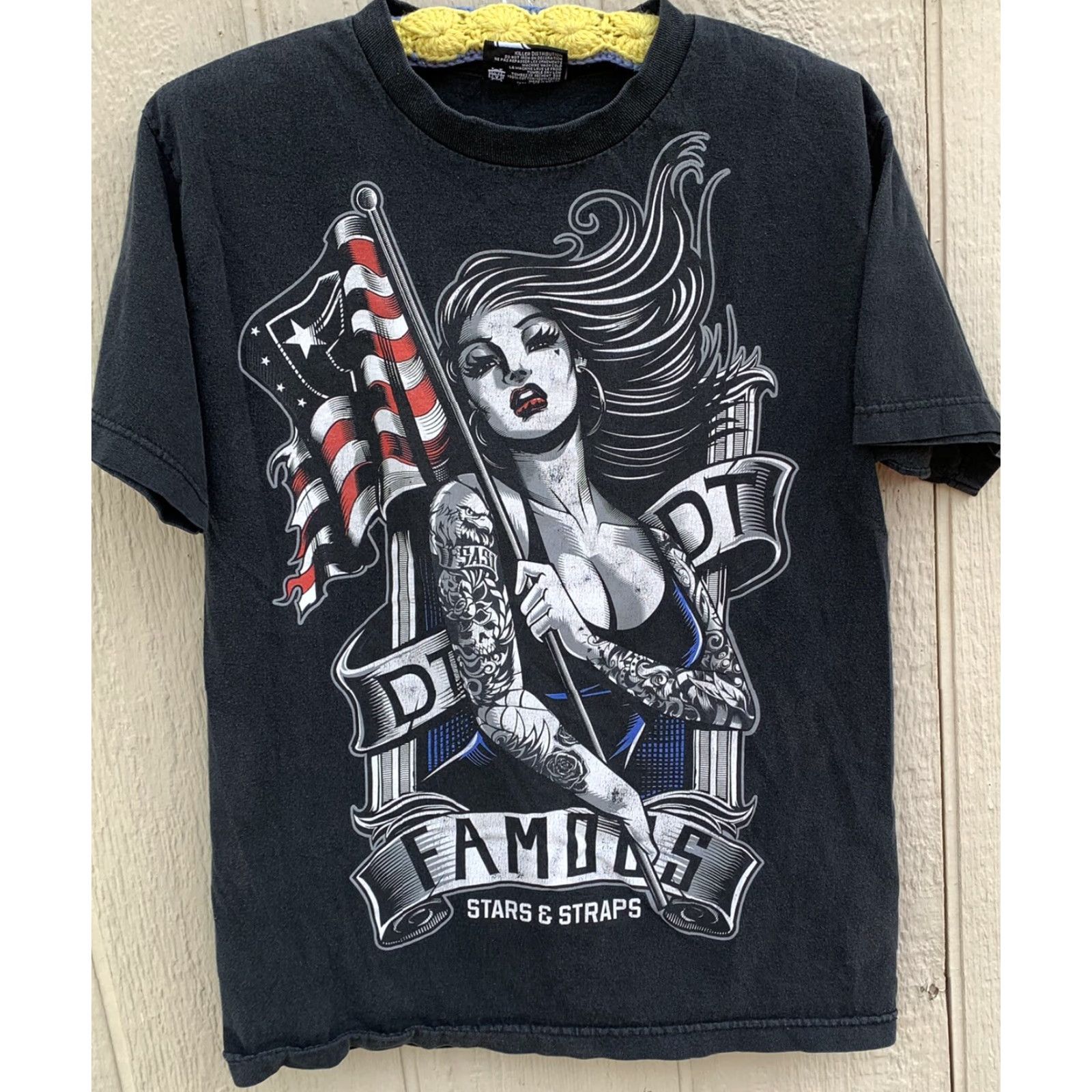 Vintage Famous Stars & Straps T-Shirt M Black Cotton Graphic Print Tattooed Woman Flag American Tattooed Woman Lady Female 1990s 80s? Size US M / EU 48-50 / 2 - 3 Thumbnail
