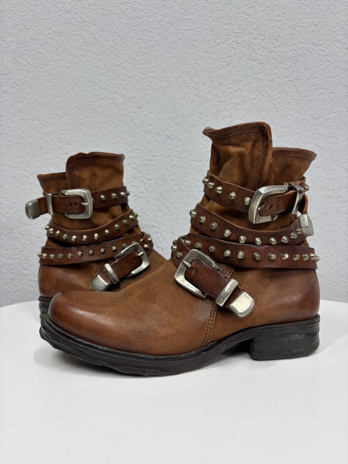 If Six Was Nine Brown Leather Studded Harness Boots Multi-Strap Biker Boots Size US 8 / IT 38 - 5 Thumbnail