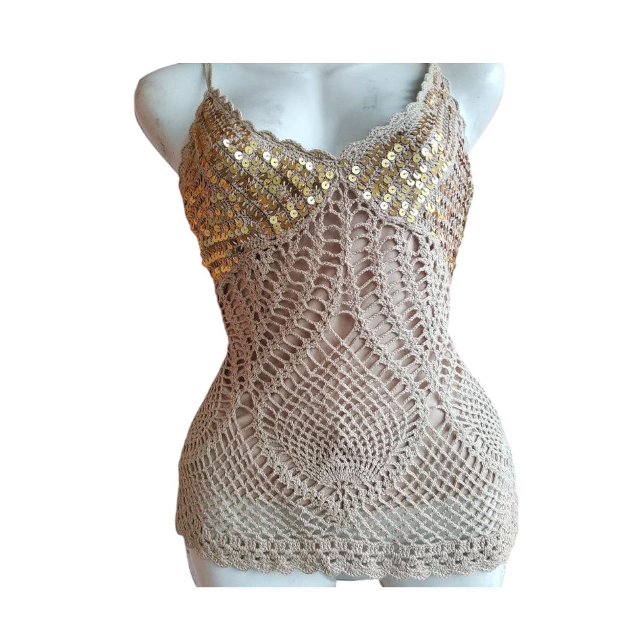 Archival womens crochet tank top with gold sequins sz M Bay