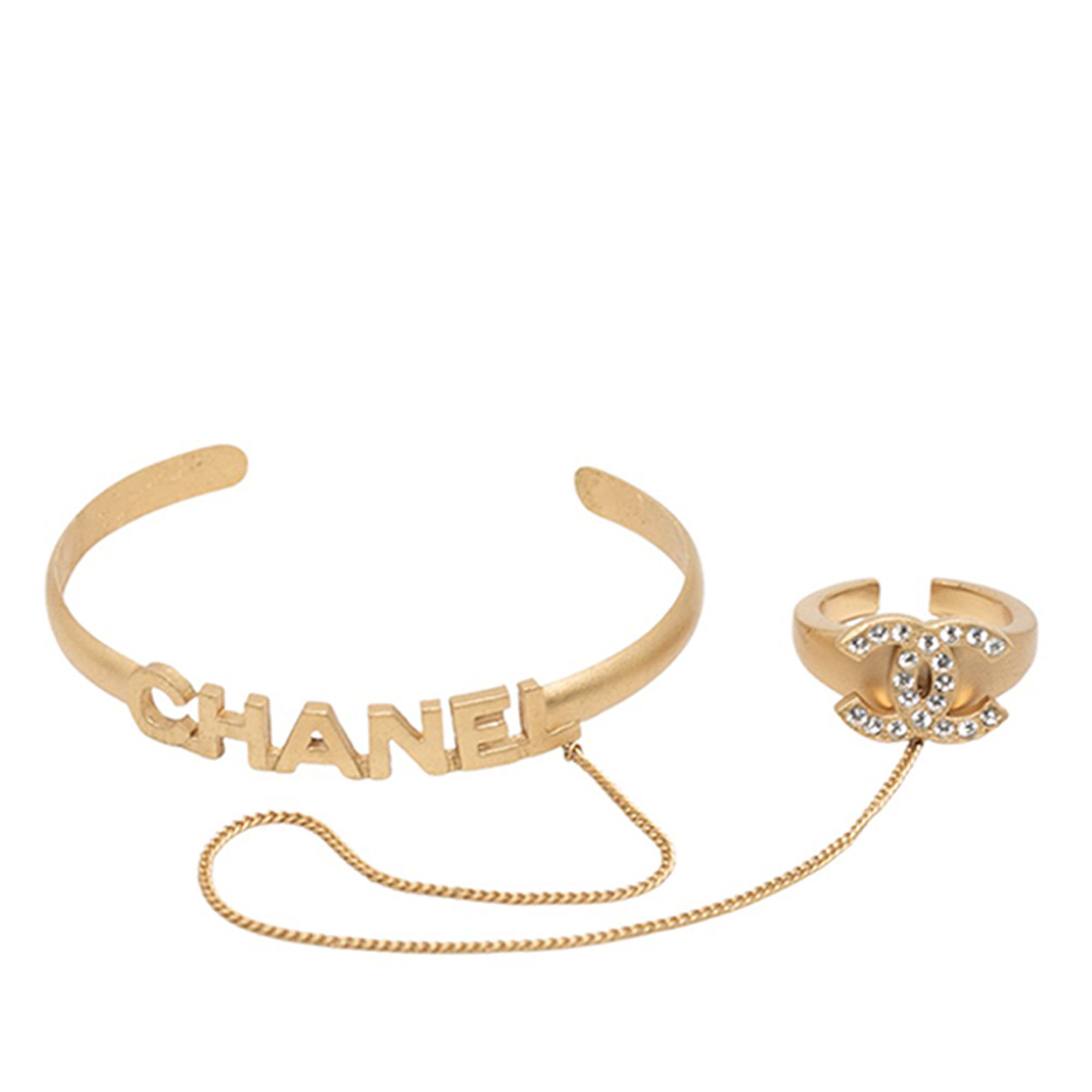 Chanel Chanel CC Gold Plated Rhinestone Logo Cuff Bracelet and Ring Set Size ONE SIZE - 1 Thumbnail