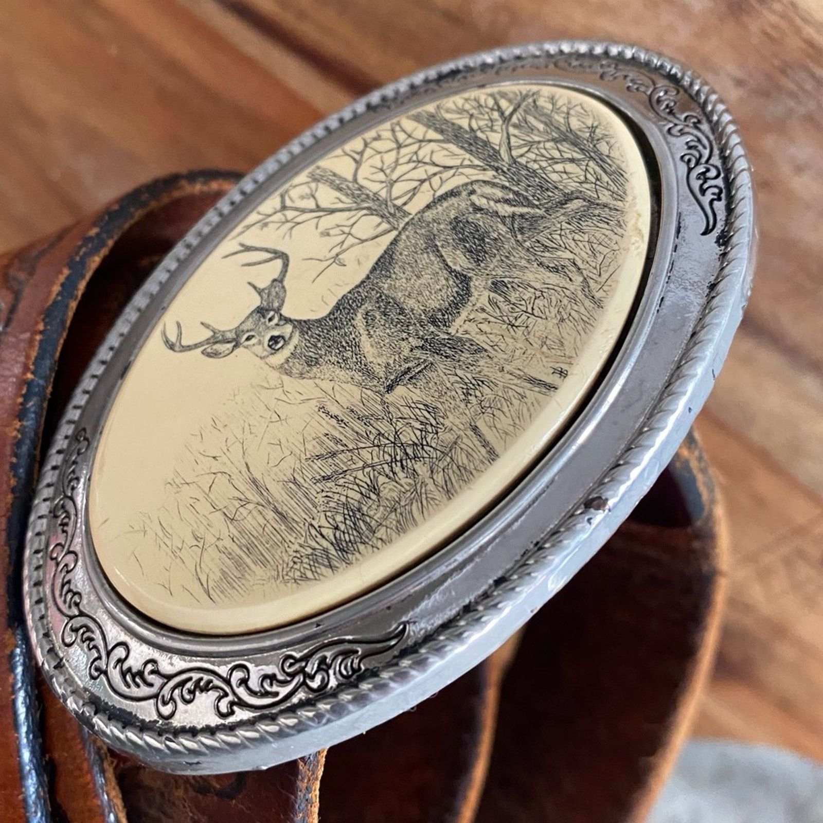 Vintage Vintage BARLOW USA Deer Stag Silver Tone Belt Buckle 38-43” Size 38 - 13 Thumbnail