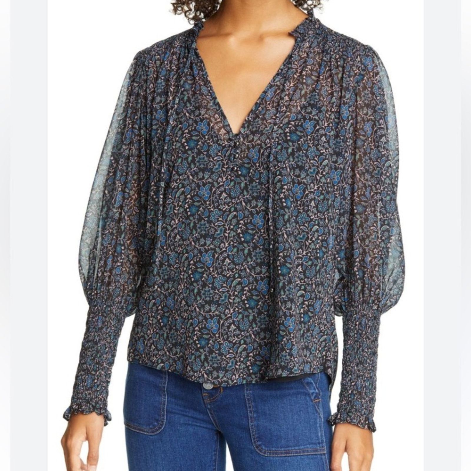 Veronica Beard Veronica Beard $277 Jaz Black Floral Balloon Sleeve Blouse 0 Size XS / US 0-2 / IT 36-38 - 2 Thumbnail