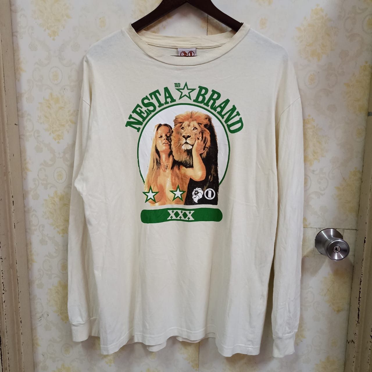 image of Vintage VTG Nesta Brand Big Printed Logo Long Sleeve Tee in White/Yellow, Men's (Size Large)