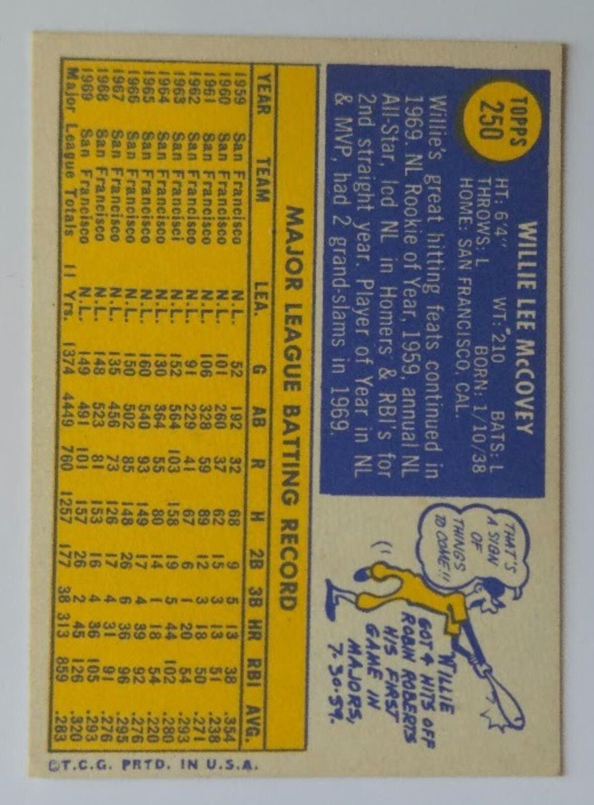 Other 1970 Topps #250 Willie McCovey Baseball Card HOF Size ONE SIZE - 2 Thumbnail