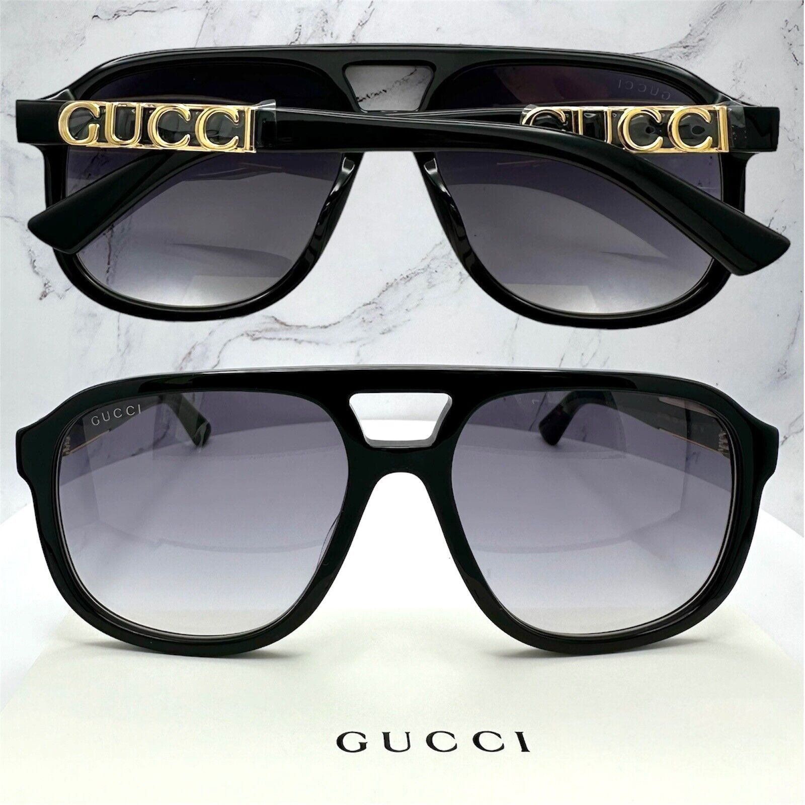 New Gucci Sunglasses Black Pilot Aviator 58mm Navigator Gold