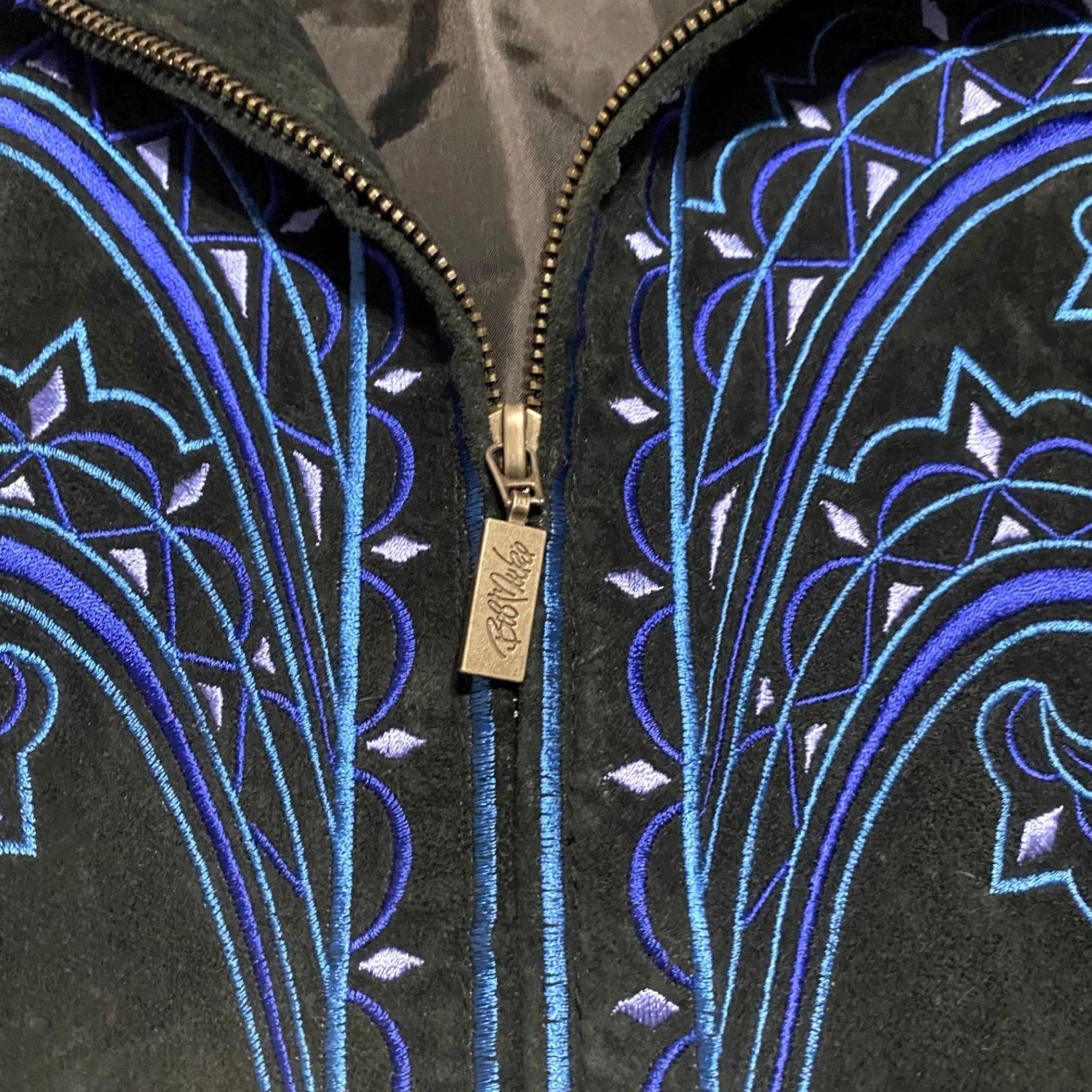 Bob Mackie VINTAGE Bob Mackie Jacket Womens Mid-Length Leather Blue Suede Full Zip Lined Embroidered Southwestern Wearable Art Size M Womens Br Size M / US 6-8 / IT 42-44 - 6 Thumbnail