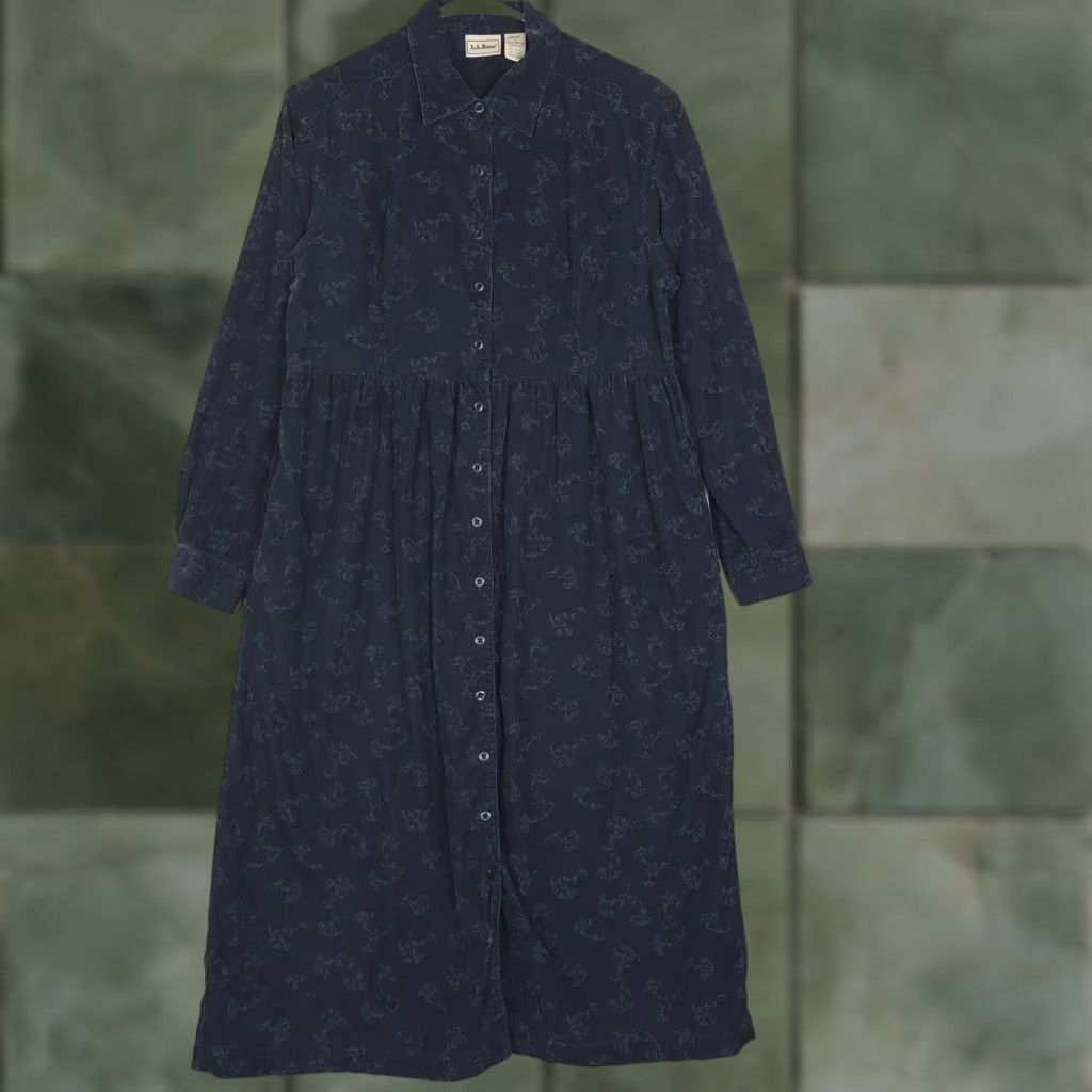 VINTAGE L.L. Bean Prairie Dress Womens 10P Petite Blue Corduroy Floral Modest Long Sleeve Midi Dress