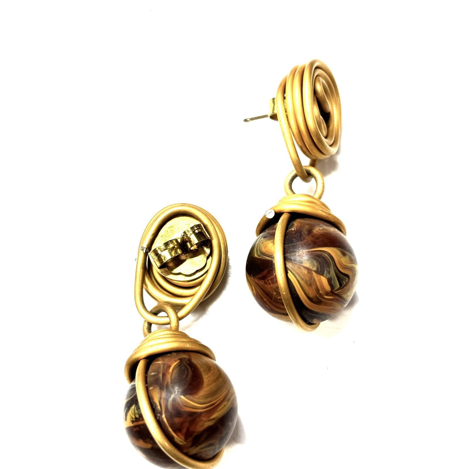 Vintage VINTAGE Gold Tone Wooden Wire Globe Dangle Ladies Earrings Size ONE SIZE - 3 Thumbnail
