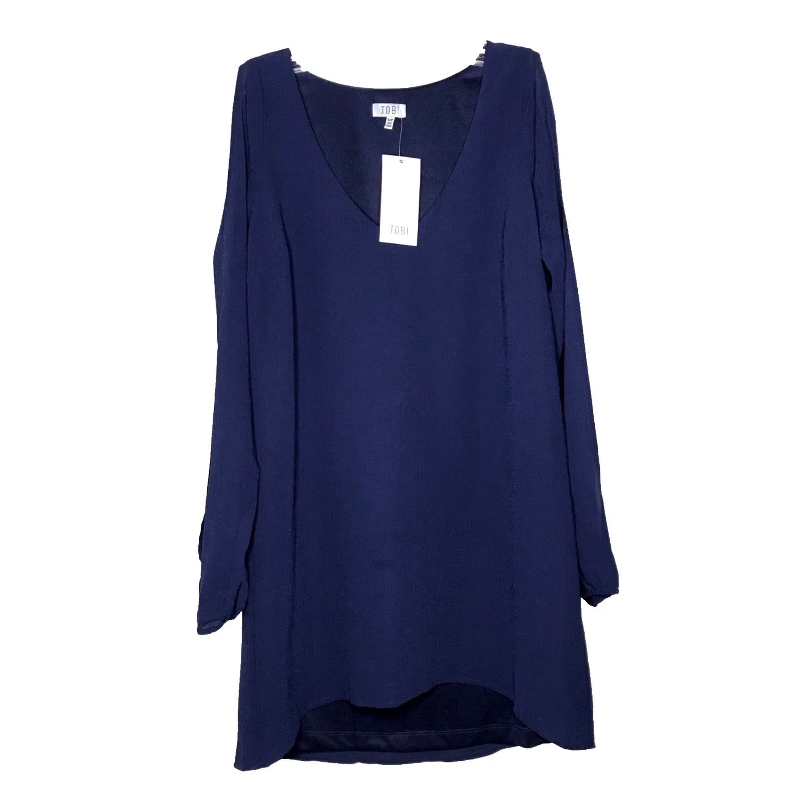 Vintage Tobi Blouse Women's S Blue V-Neck Lined Cold Shoulder Long Sleeve Slit Sleeve Pattern: Solid Vintage: No Size S / US 4 / IT 40 - 2 Thumbnail