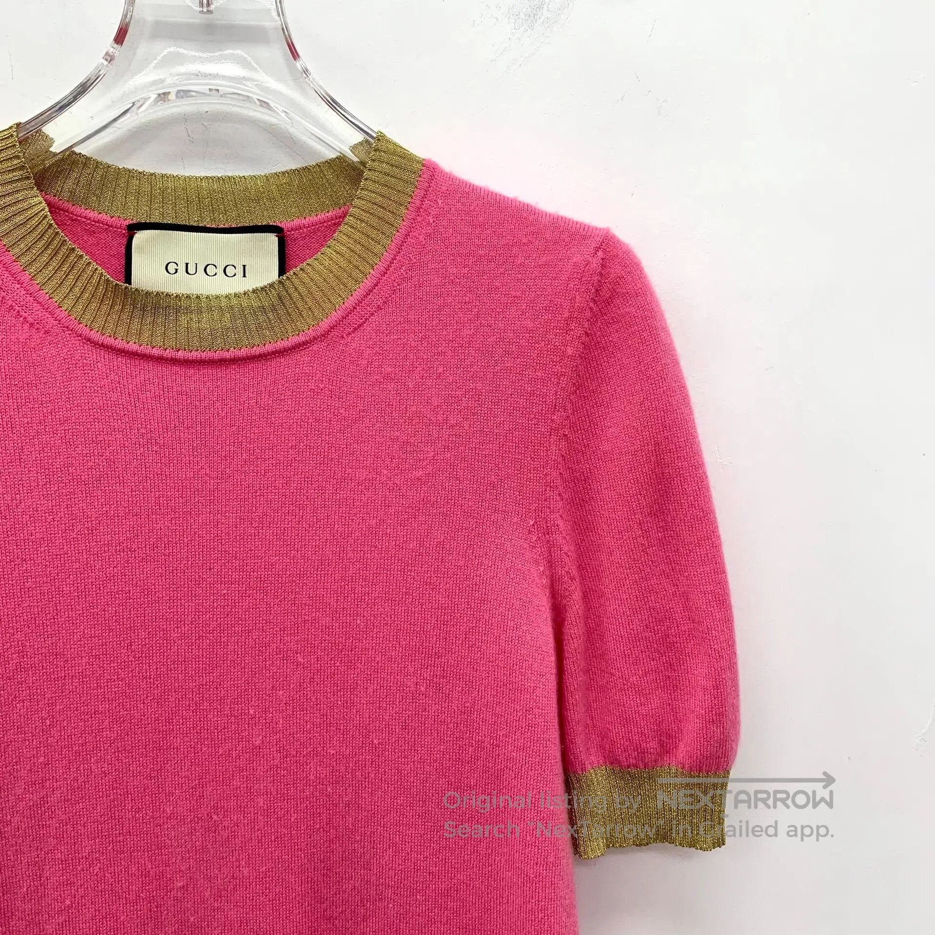 Gucci Guicci Pink Gold Thread Trimmed Round Neck Short Sleeve Kn Size M / US 6-8 / IT 42-44 - 3 Thumbnail