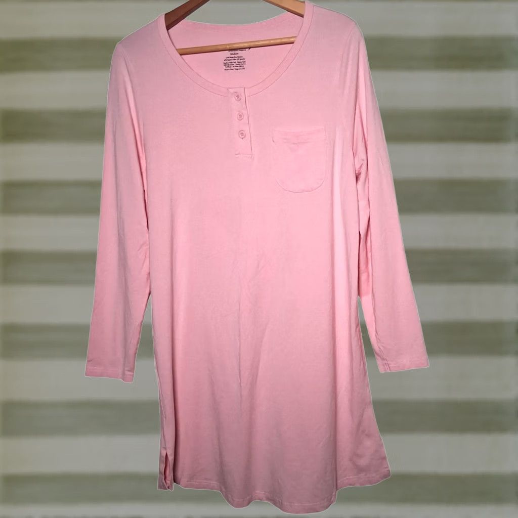 Vintage Fishers Finery Nightgown M Pink Long Sleeve Henley Organic Cotton Bamboo Cozy Lightweight Lounge Women Medium Pink Nightgown Size M / US 6-8 / IT 42-44 - 1 Thumbnail