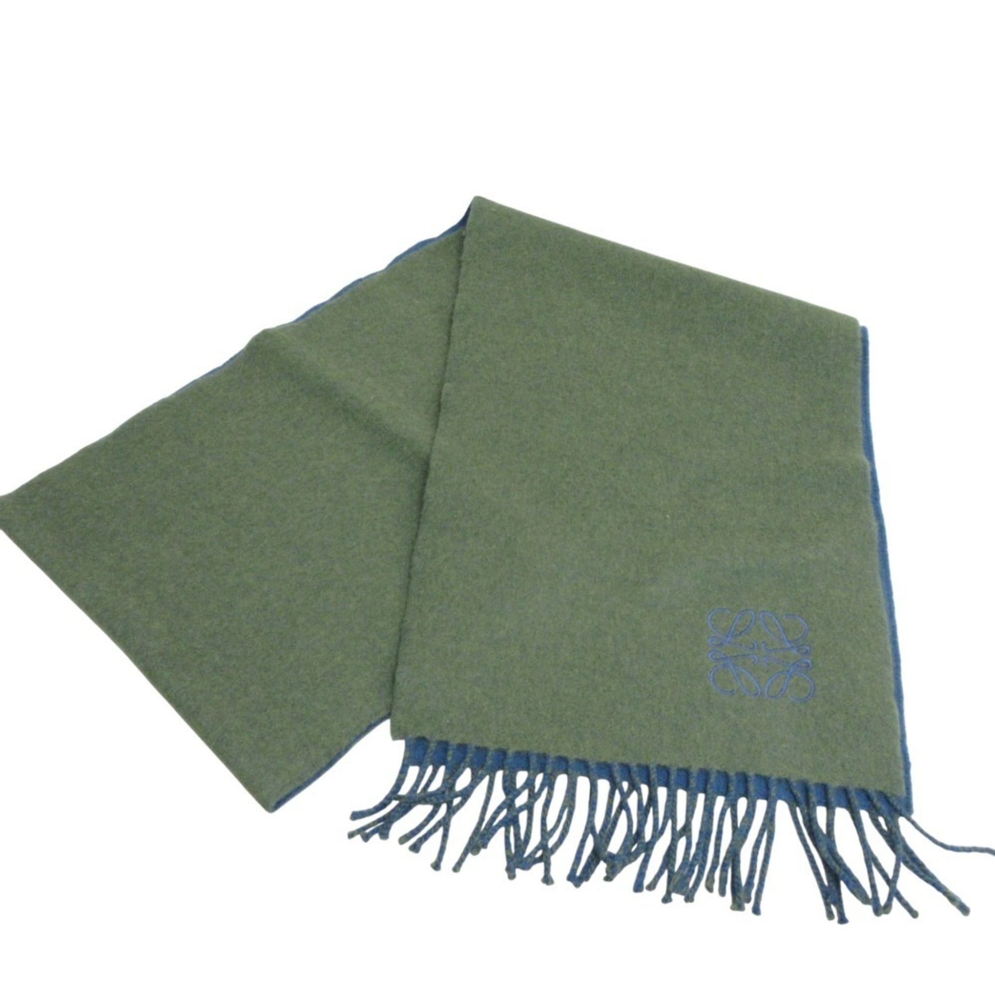 Loewe LOEWE Anagram Embroidered Cashmere Blend Fringe Two-Tone Scarf Khaki Blue Women's Size ONE SIZE - 1 Thumbnail