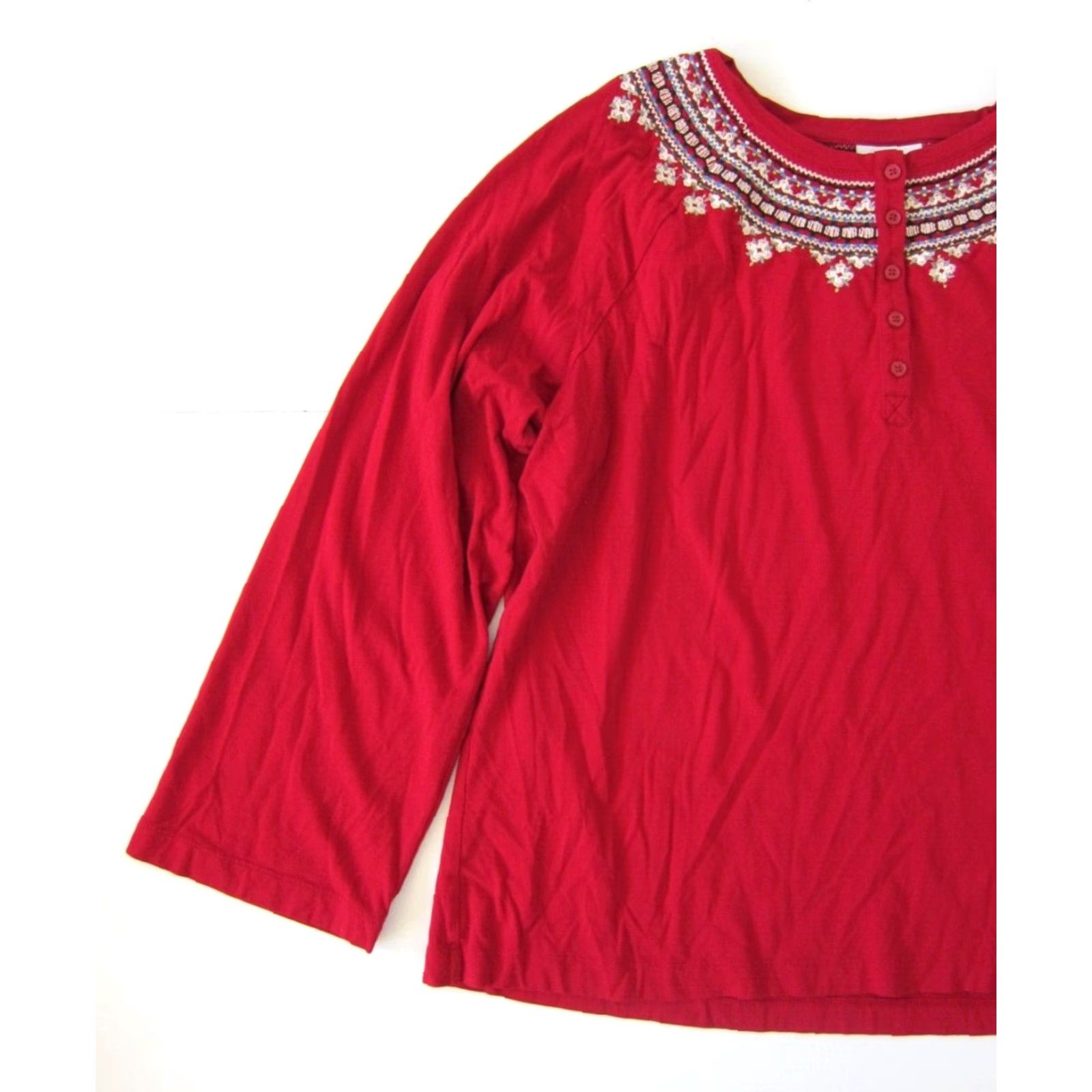 J. Jill VINTAGE J.Jill Embroidered Red Long Sleeve Blouse Women XL Cotton Rayon T-Shirt Style Tunic Shirt Size XL / US 12-14 / IT 48-50 - 6 Thumbnail