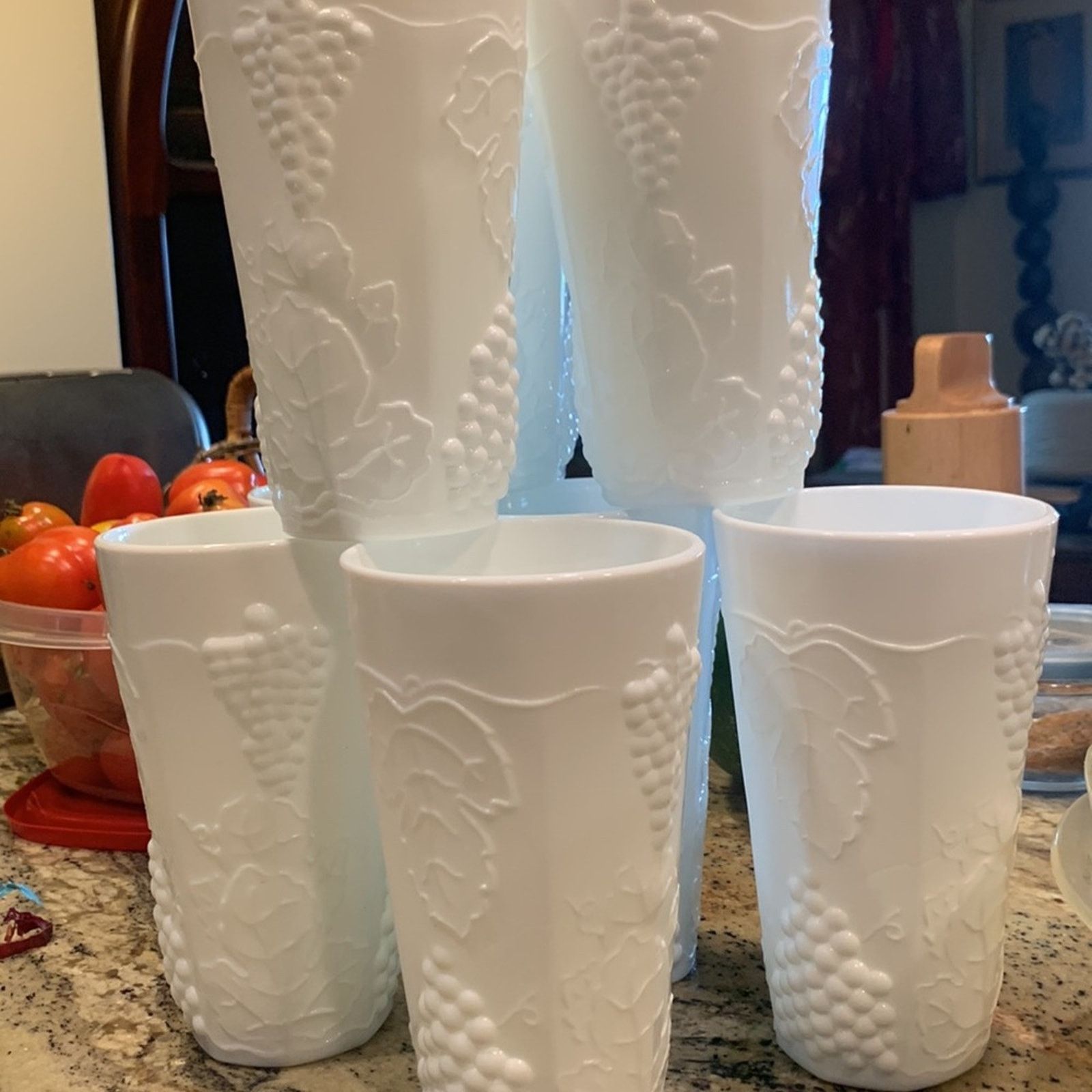Vintage 8 Milk glass tumblers,grape vine pattern Size ONE SIZE - 3 Thumbnail