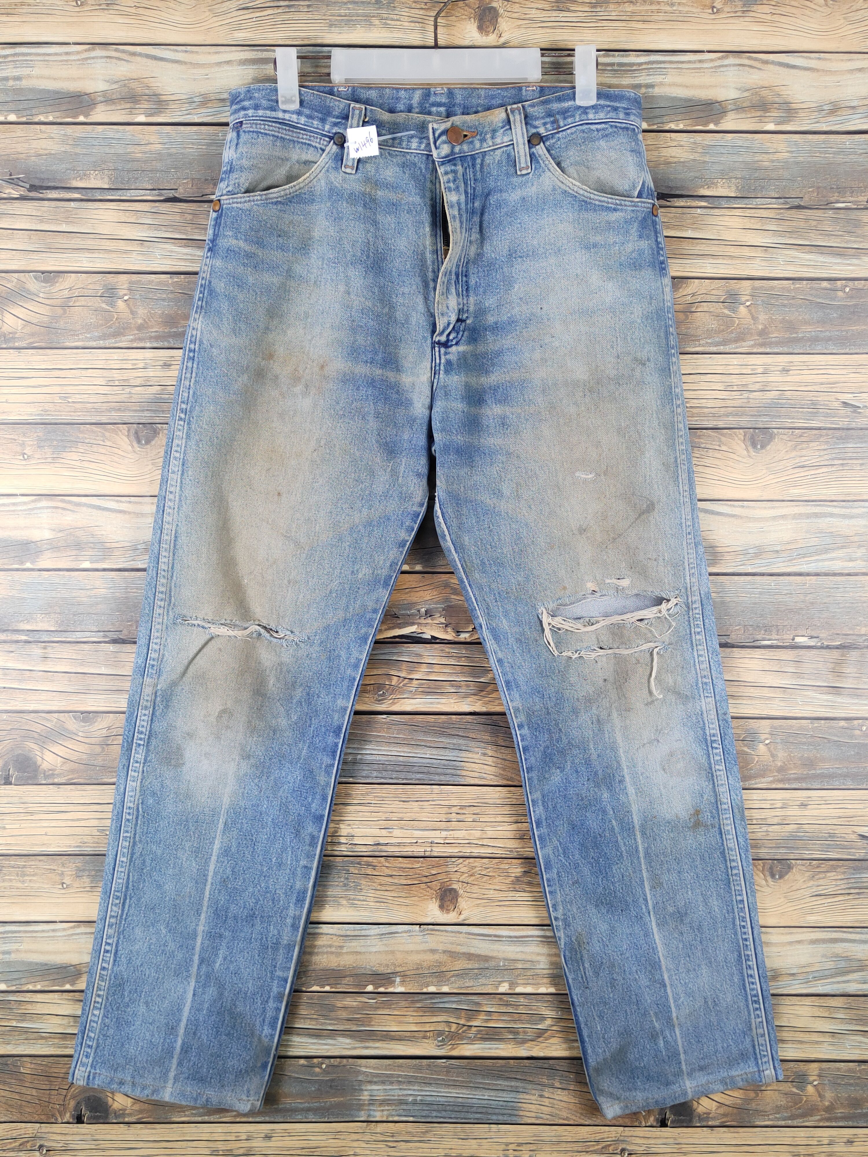 Japanese Brand Wrangler Blue Distressed Ripped denim Jeans #W1496 Size US 31 - 1 Thumbnail
