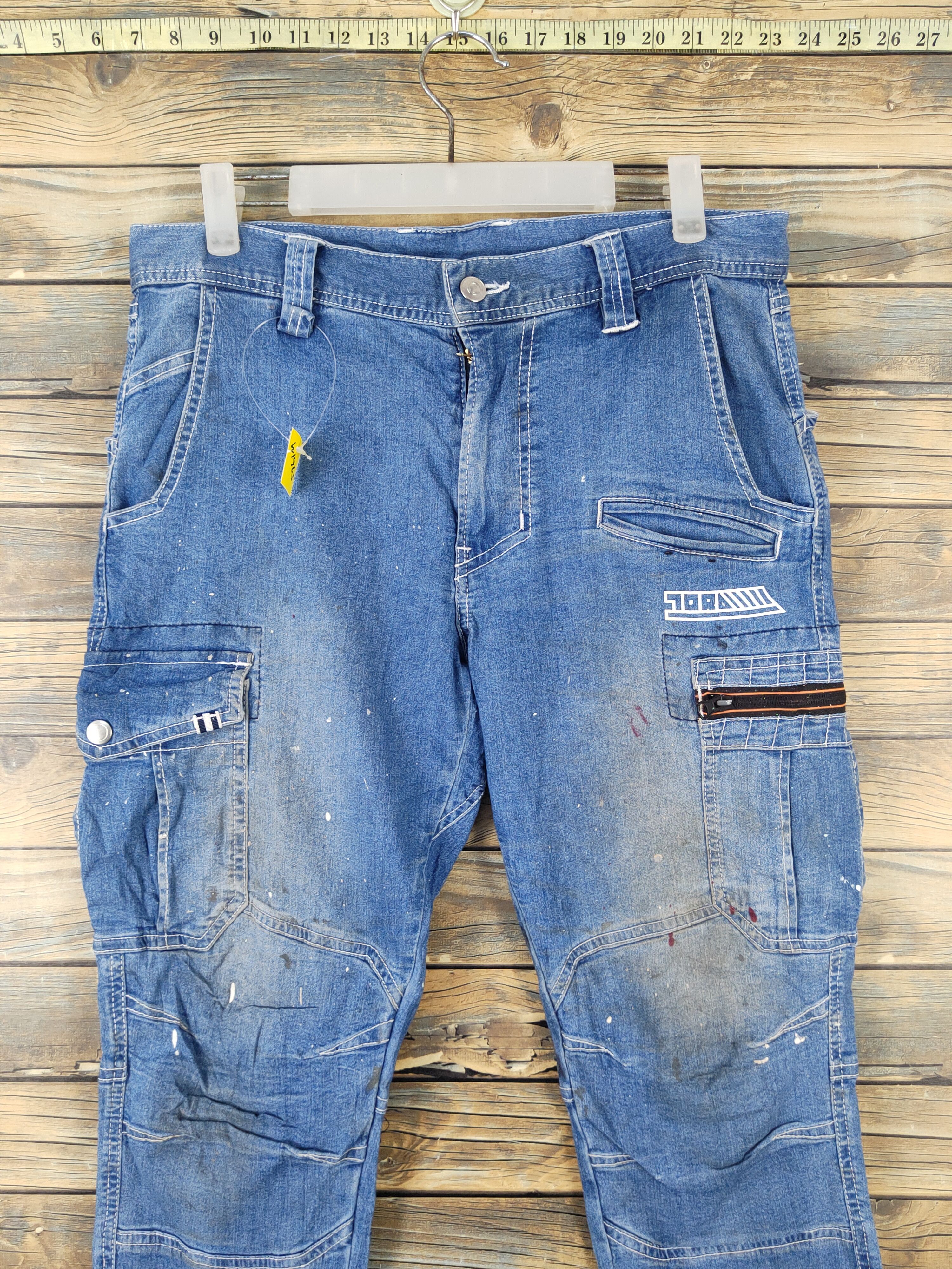 Japanese Brand Tora Blue Distressed Ripped multipocket denim Jeans #W1963 Size US 32 / EU 48 - 2 Thumbnail