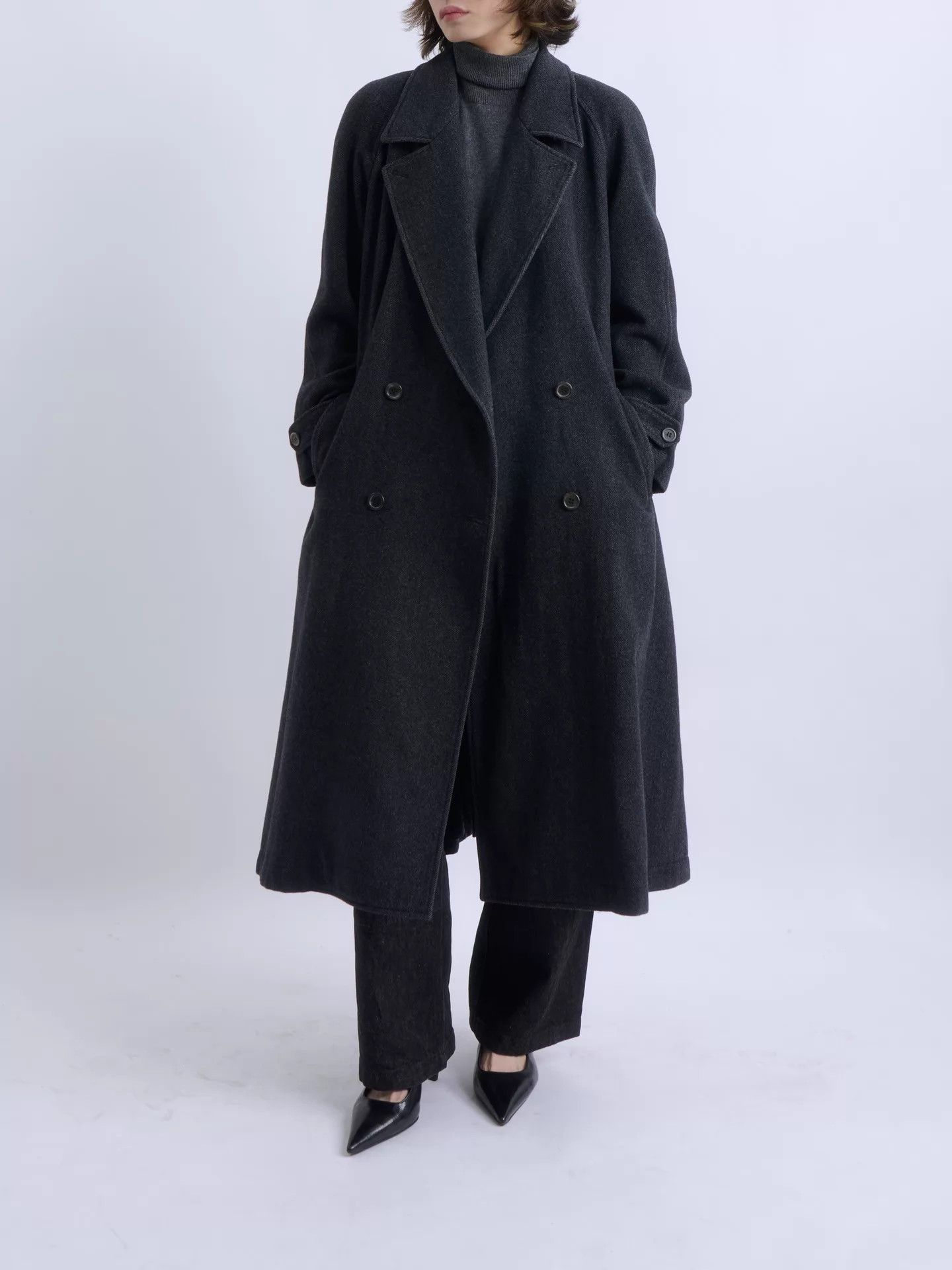 Kenzo KENZO 80s Deep Gray Herringbone Wool DB Belted Overcoat S Size S / US 4 / IT 40 - 1 Thumbnail
