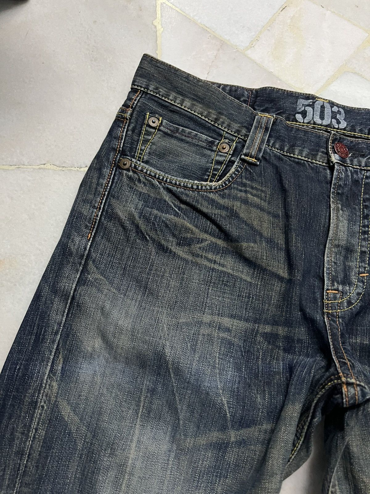 Edwin × Vintage 💥Flare💥Edwin 503 Blue Trip Distress Jean Size US 35 - 8 Thumbnail
