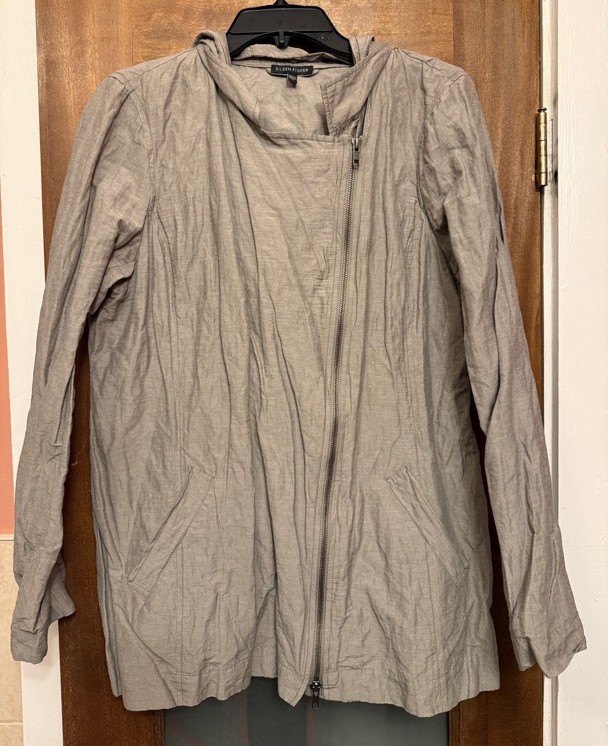 Eileen Fisher Eileen Fisher Women’s Taupe/Grey Rumpled Asymmetrical Jacket Size L / US 10 / IT 46 - 1 Thumbnail