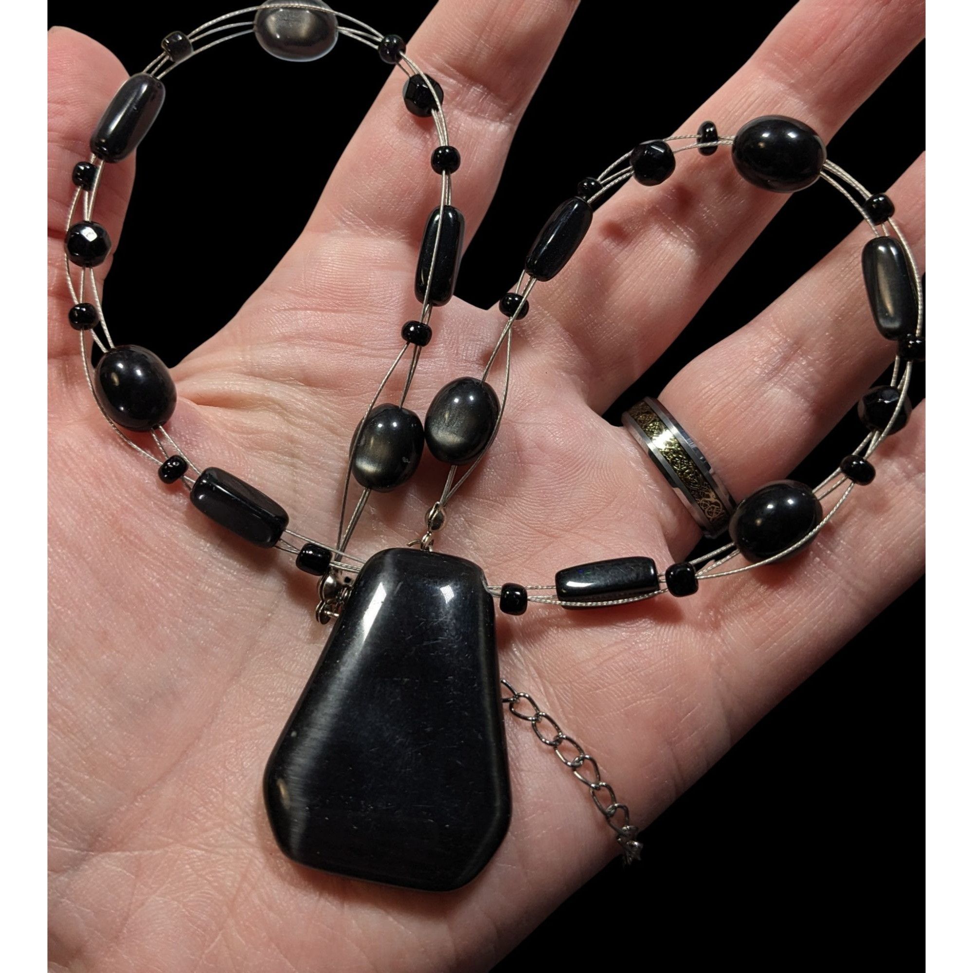 Other Gothic Black Cateye Glass Beaded Necklace With Geometric Pen Size ONE SIZE - 5 Thumbnail