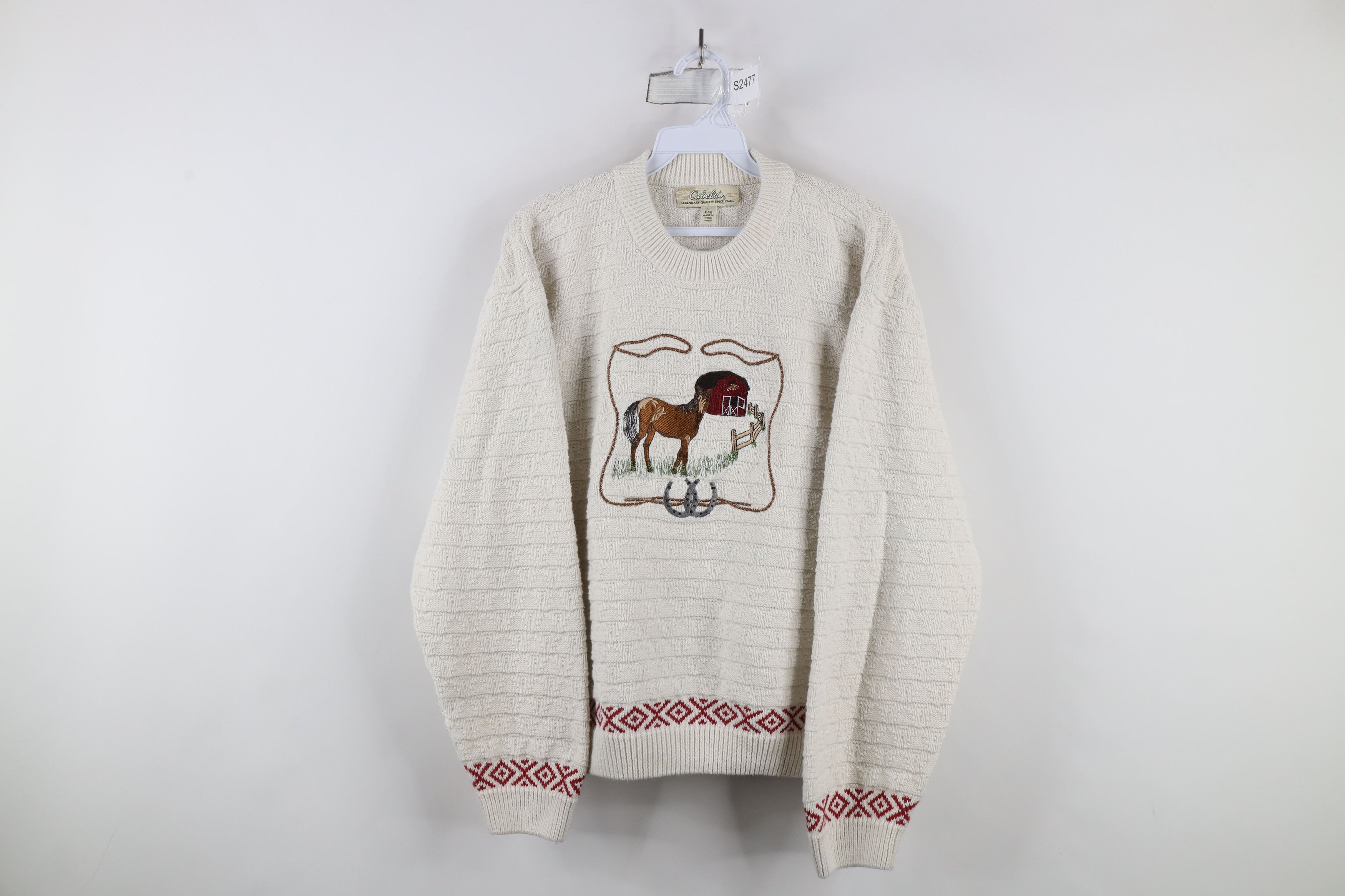 Cabelas × Vintage Vintage 90s Cabelas Horse Equestrian Knit Sweater Cream Size L / US 10 / IT 46 - 1 Thumbnail