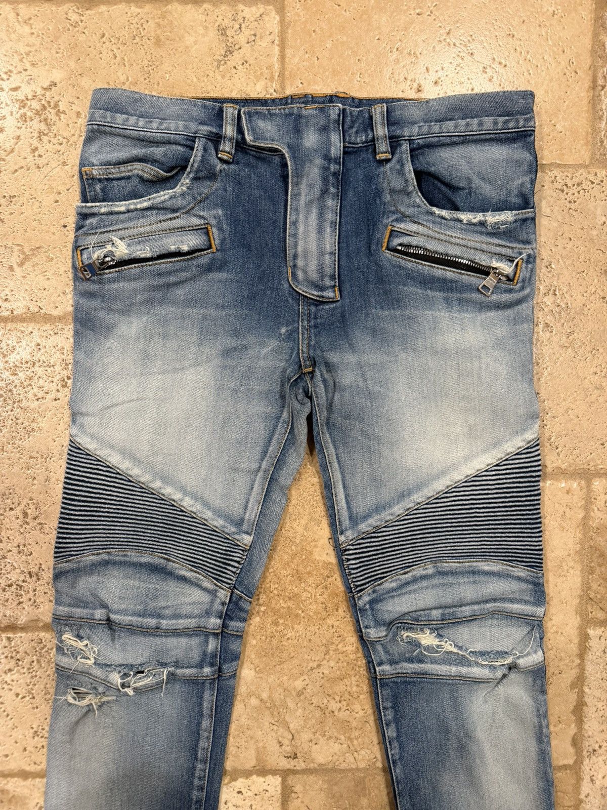 Balmain Balmain OG Biker Distressed Stone Wash Blue Denim Jeans Size US 31 - 5 Thumbnail