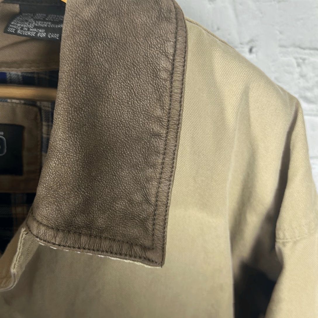 Vintage VINTAGE Sunny’s Basix Mens Canvas Insulated Barn Chore Coat Jacket Size Small S Tan Red Flannel Leather Collar Anorak Shirt Mens Size US S / EU 44-46 / 1 - 5 Thumbnail