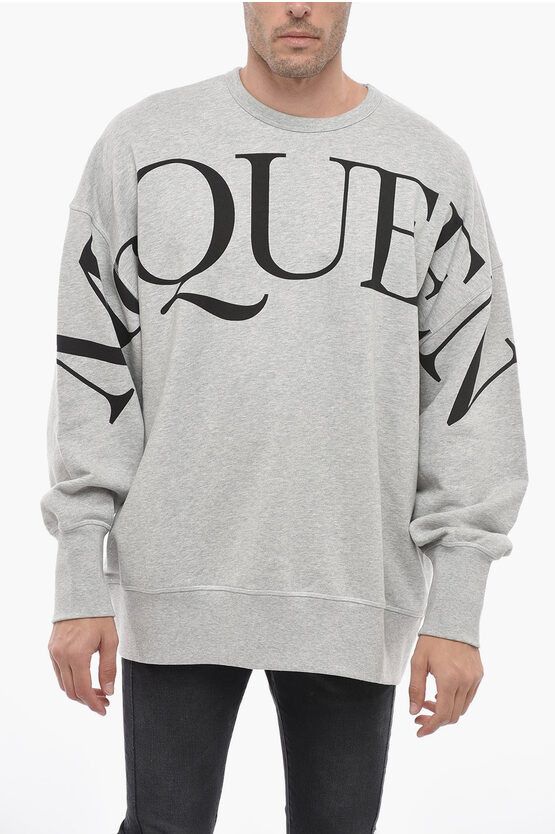 image of Alexander Mcqueen Brushed Oversized Sweatshirt With Logo Print in Grey, Men's (Size Medium)
