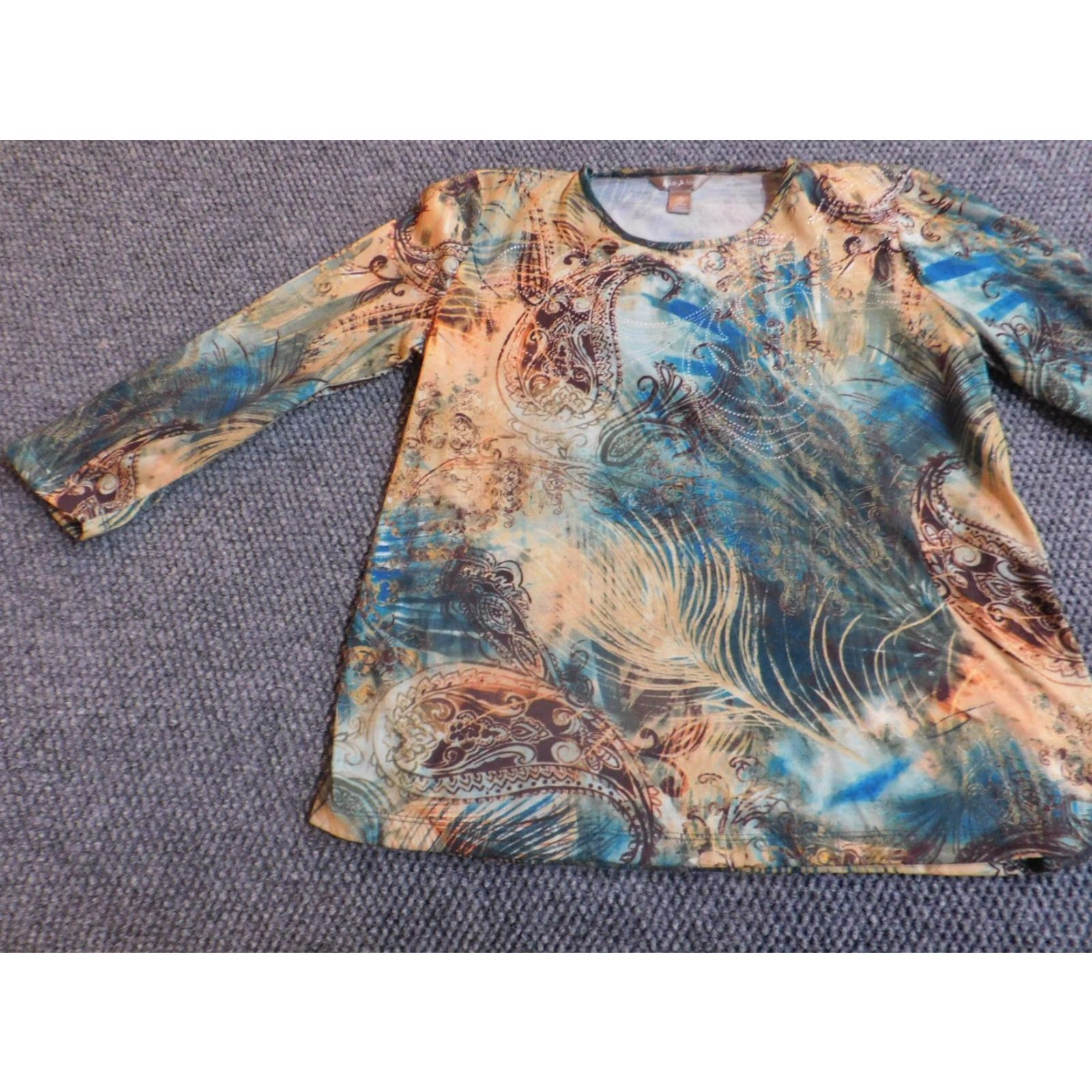 Vintage White Stag Blouse Womens Medium Green Stretch Crew Neck Long Sleeve Pullover Ruffle Floral Casual Polyester Rayon Basic Size M / US 6-8 / IT 42-44 - 3 Thumbnail