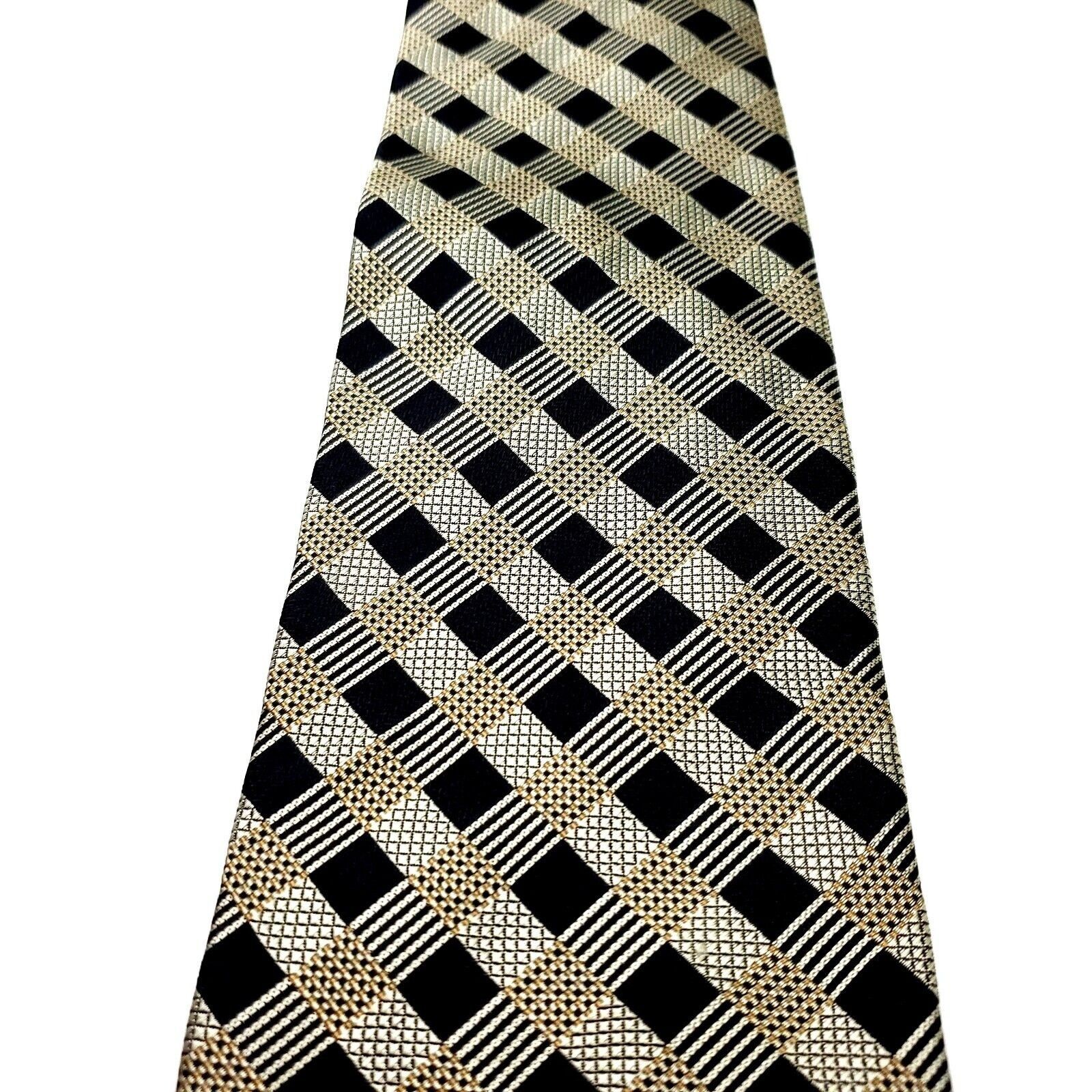 Robert Villini Roberto Villini Silk Tie Woven Black Gold Plaid Wide Size ONE SIZE - 2 Thumbnail